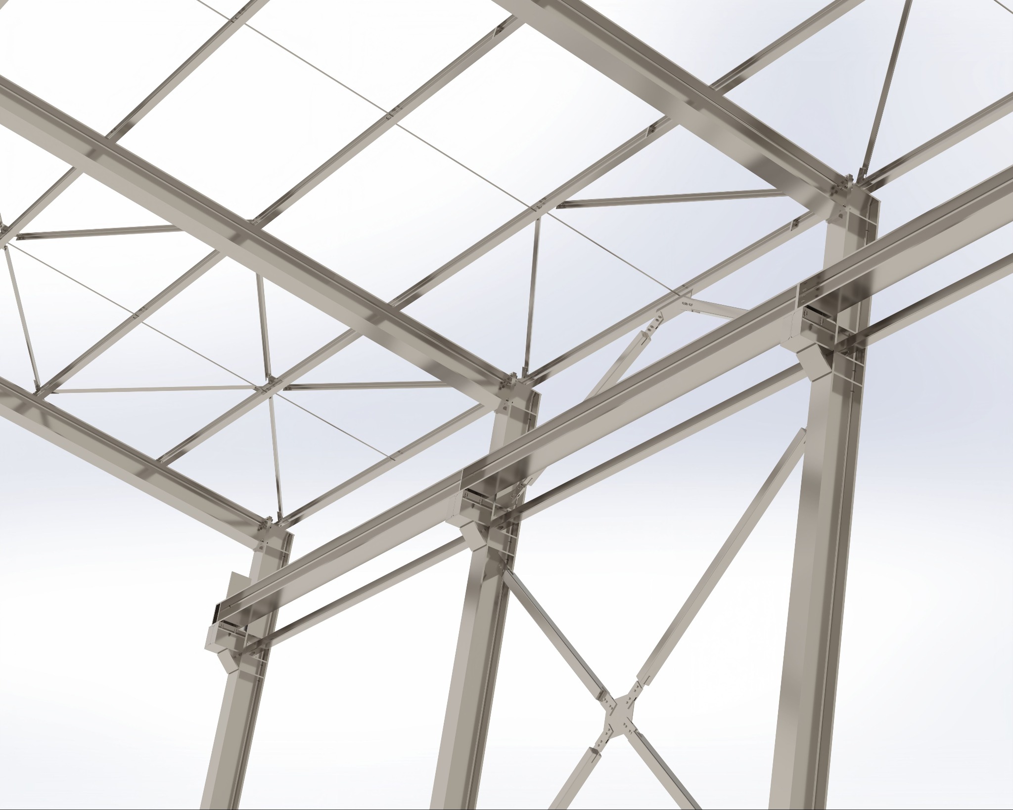 Wizualizacja 3D stalowej konstrukcji szkieletowej budynku z widocznymi połączeniami śrubowymi i elementami wzmacniającymi, renderowana na jasnym tle.