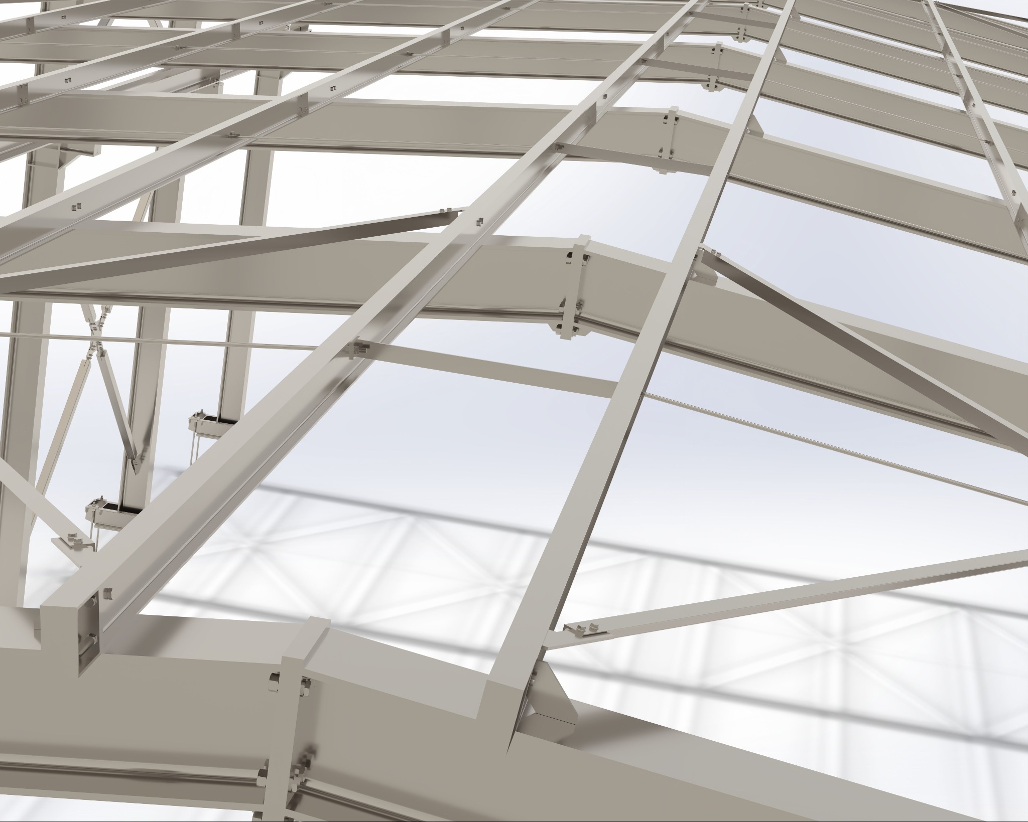 Wizualizacja 3D stalowej konstrukcji dachu o zakrzywionym kształcie, widoczne liczne połączenia śrubowe i elementy wzmacniające.