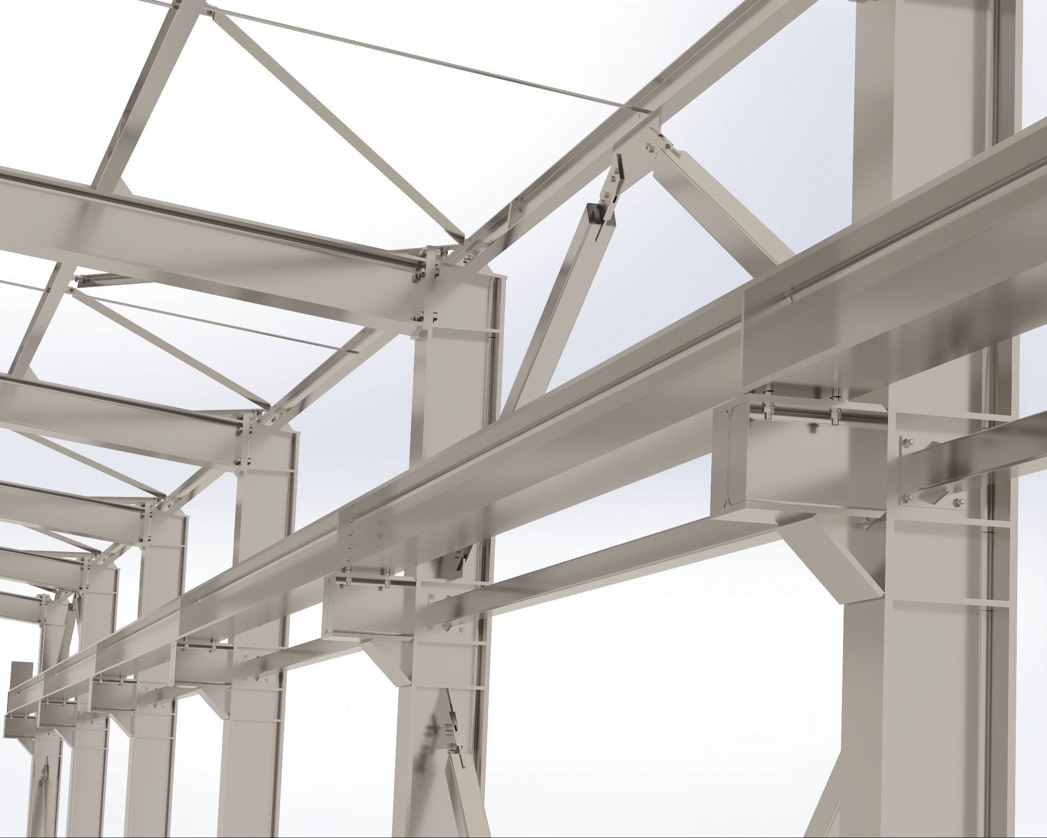 Wizualizacja 3D stalowej konstrukcji hali z widocznymi słupami, belkami i mocowaniami, prezentująca detale połączeń śrubowych.