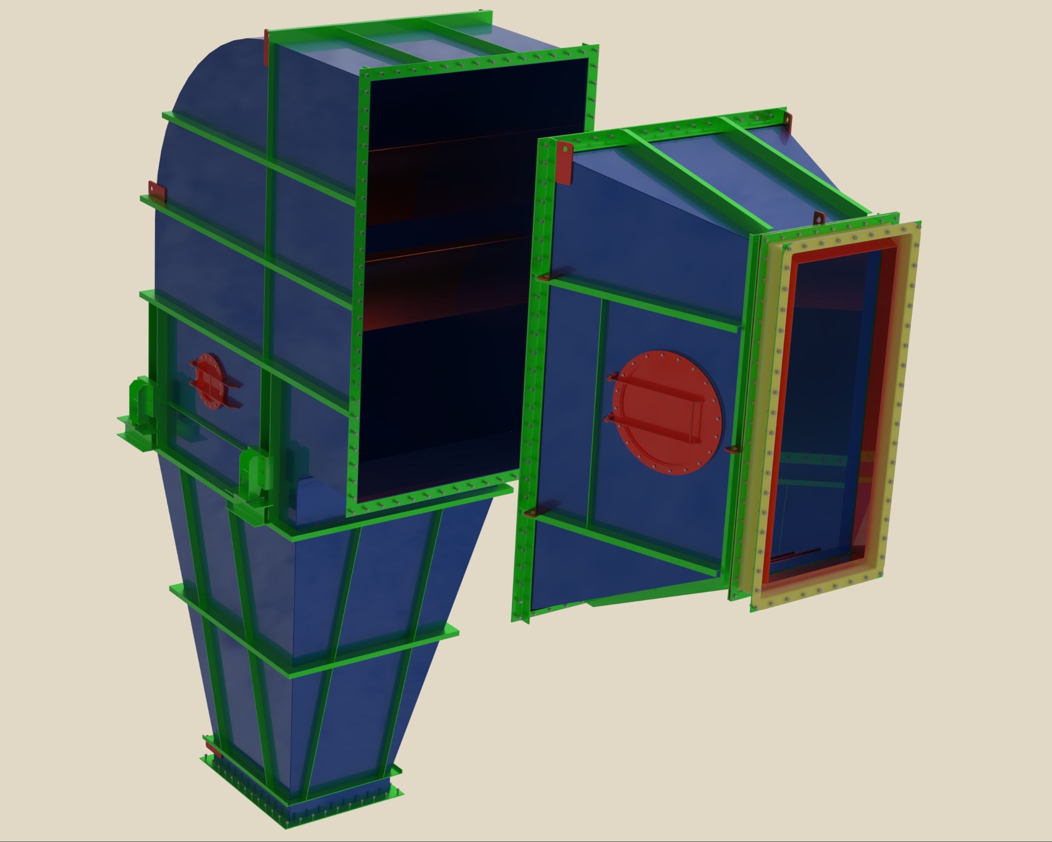 Wizualizacja 3D niebieskiej konstrukcji stalowej z zielonymi wzmocnieniami i czerwonymi elementami, przedstawiająca proces projektowania.