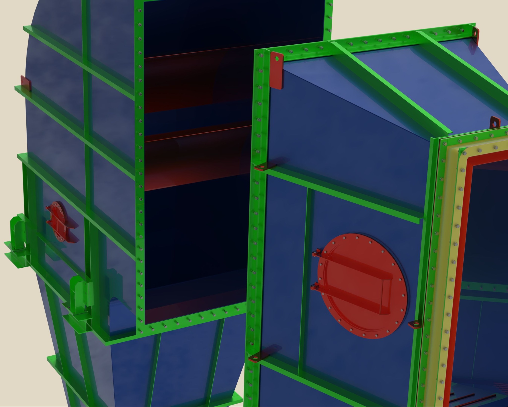 Projekt konstrukcji stalowej: Detal z otwartymi elementami, z zieloną ramą, niebieskim wypełnieniem i czerwonymi detalami, widoczne śruby i połączenia.