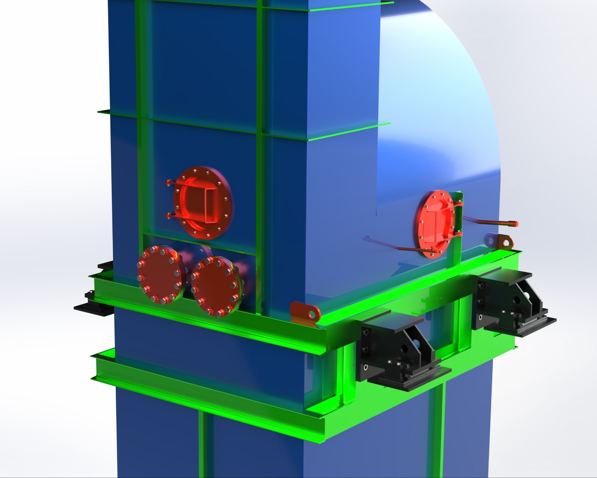 Wizualizacja 3D konstrukcji stalowej z elementami w kolorze niebieskim, zielonym i czerwonym, potencjalna realizacja firmy z Warszawy.