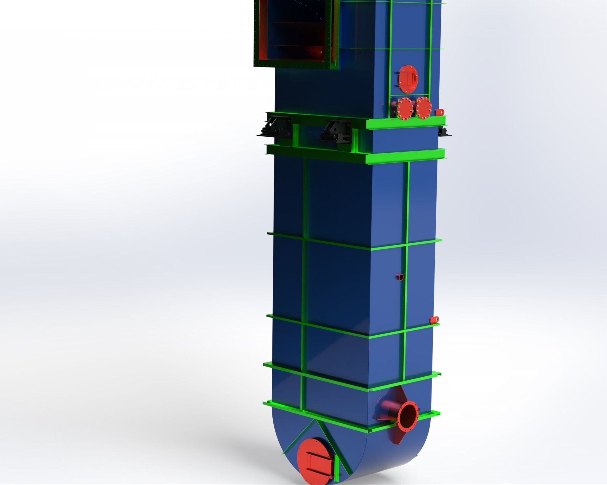 Wizualizacja 3D pionowego, niebieskiego zbiornika przemysłowego ze szkieletem konstrukcyjnym w kolorze zielonym i czerwonymi elementami przyłączeniowymi.