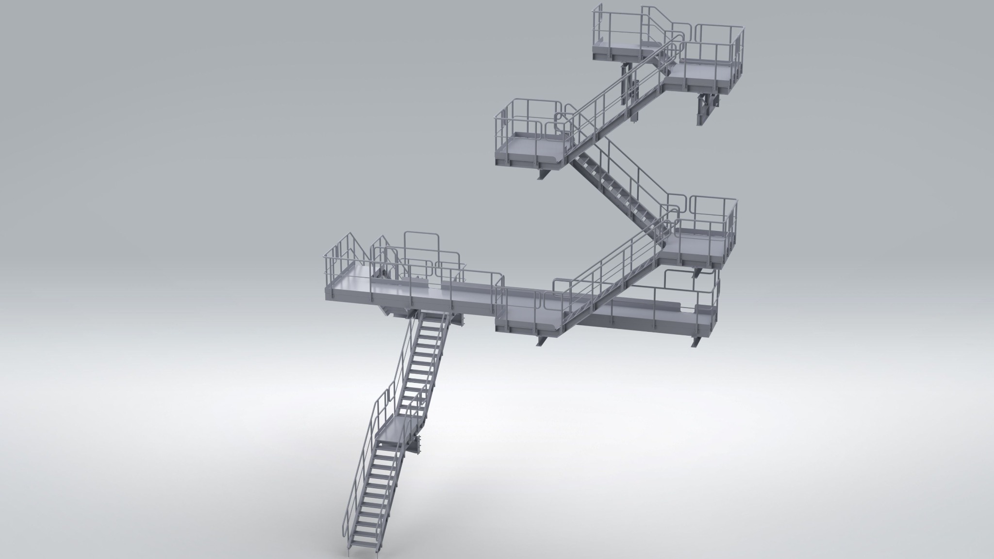 Wizualizacja 3D stalowej konstrukcji schodów i platform z barierkami, na jasnoszarym tle.