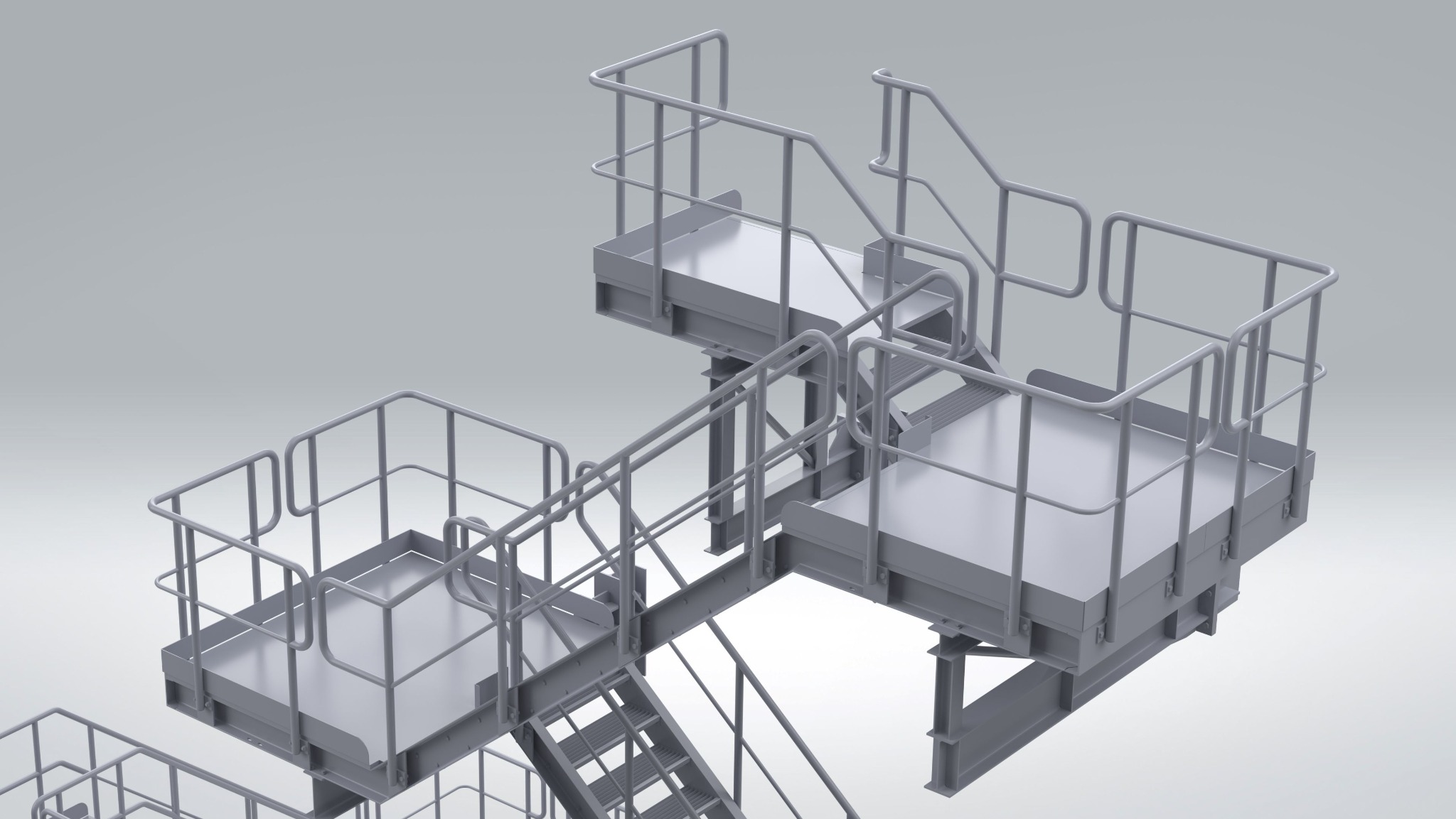 Wizualizacja 3D modułowej konstrukcji stalowej schodów i podestów z barierkami, na jasnoszarym tle.
