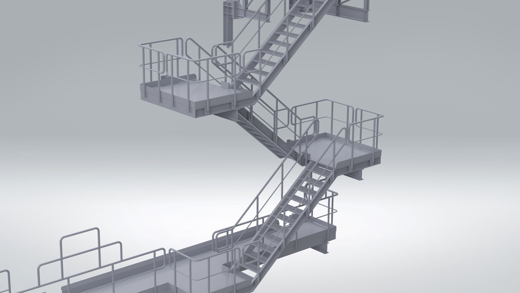 Wizualizacja schodów stalowych zewnętrznych z platformami, szare wykończenie, widok z dołu.