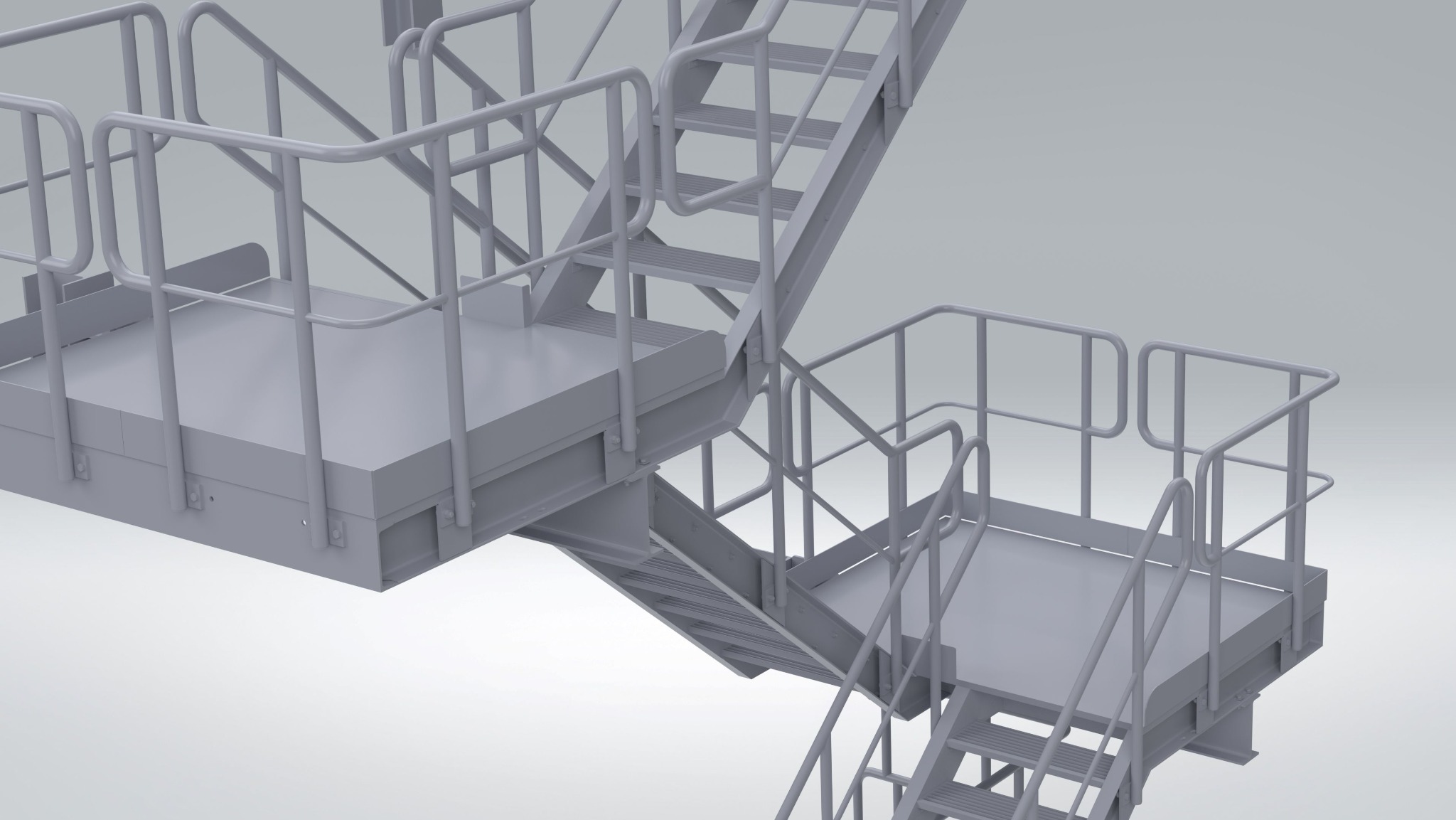 Szare, metalowe schody przemysłowe z platformami, widok z dołu, render 3D.