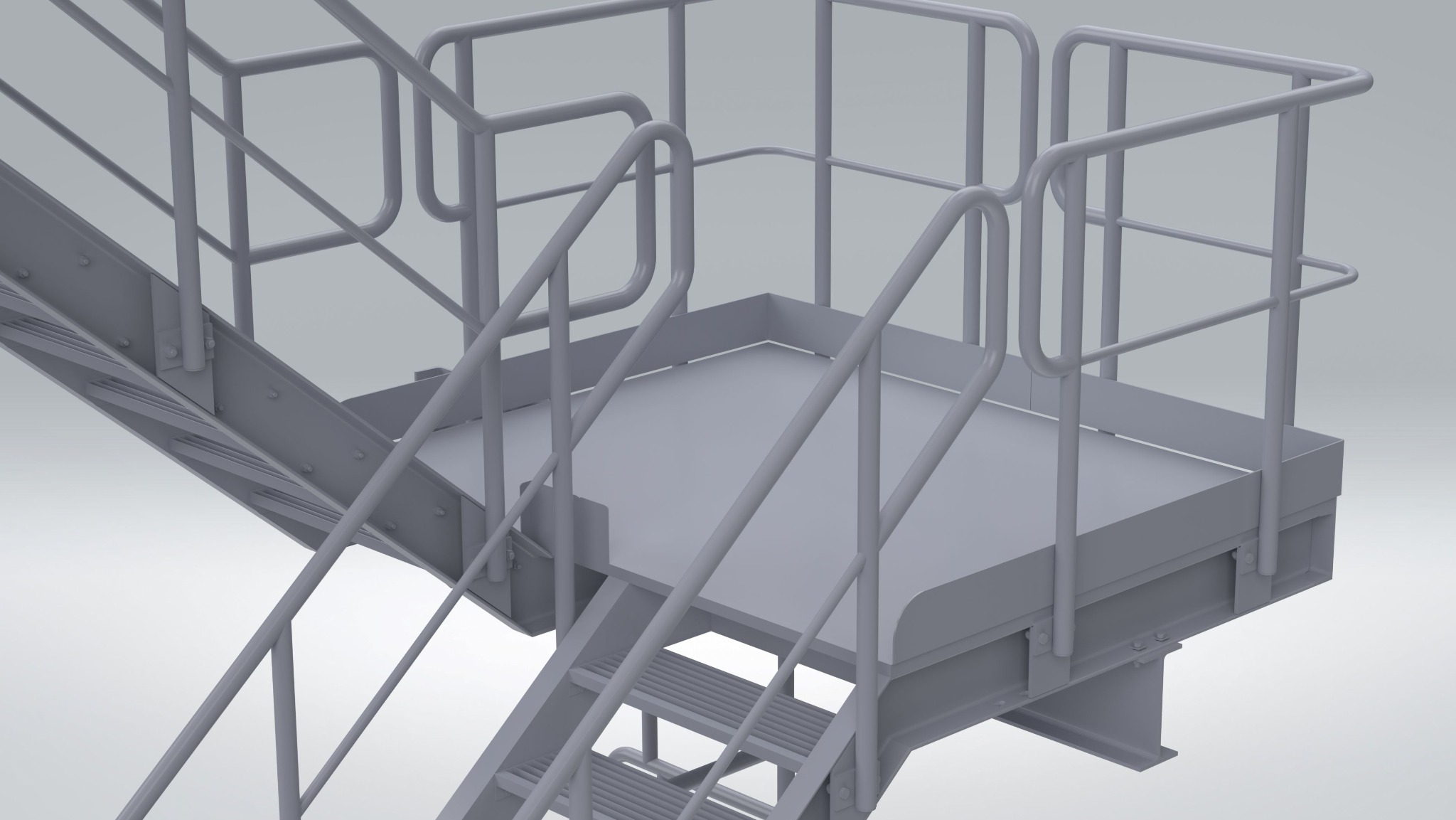 Szare schody stalowe z platformą i barierkami, widok z dołu, rendering 3D.