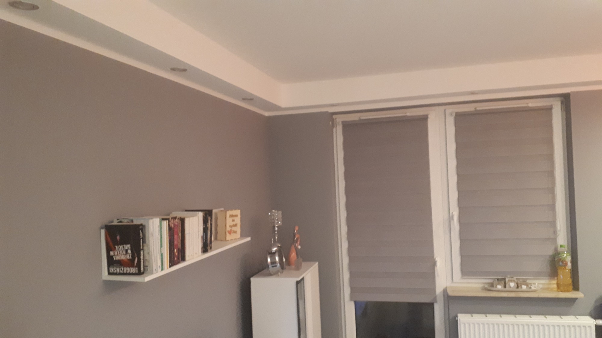 Pokój po odświeżeniu: szara ściana z półką na książki, biały sufit z oświetleniem punktowym, okna z żaluzjami w odcieniach szarości.