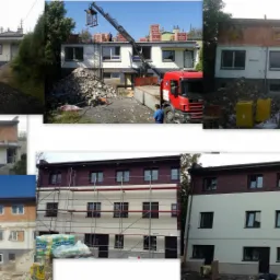 Kolaż przedstawiający budynek dwukondygnacyjny w różnych etapach rozbudowy i remontu, od stanu surowego z wyburzeniami, poprzez murowanie i ocieplanie, aż po wykończoną elewację z rusztowaniami...