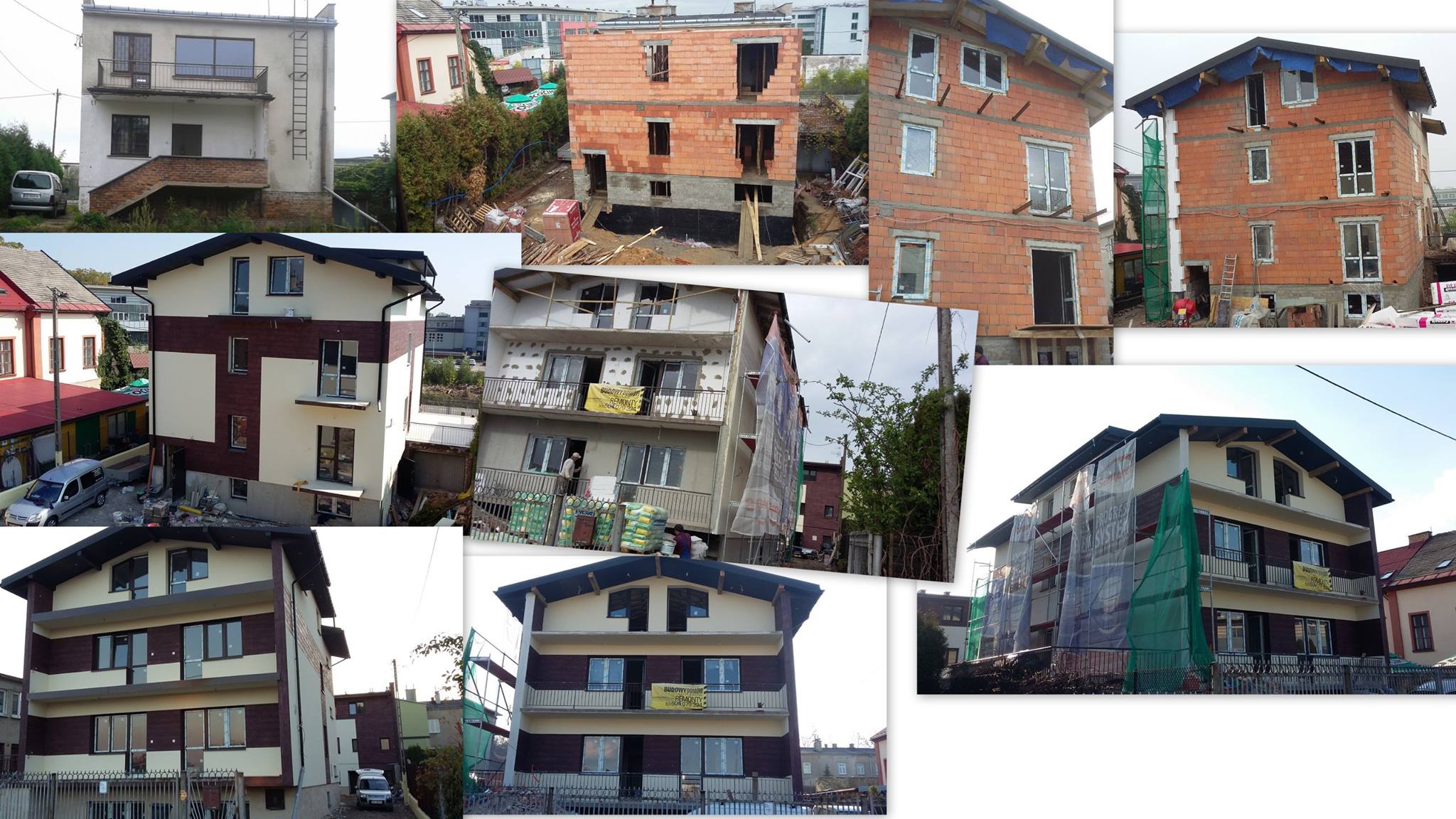 Kompozycja kolażu przedstawiająca różne etapy budowy i wykończenia domów: od surowej cegły po ocieplone i pomalowane elewacje, z widocznymi rusztowaniami, oknami i balkonami.