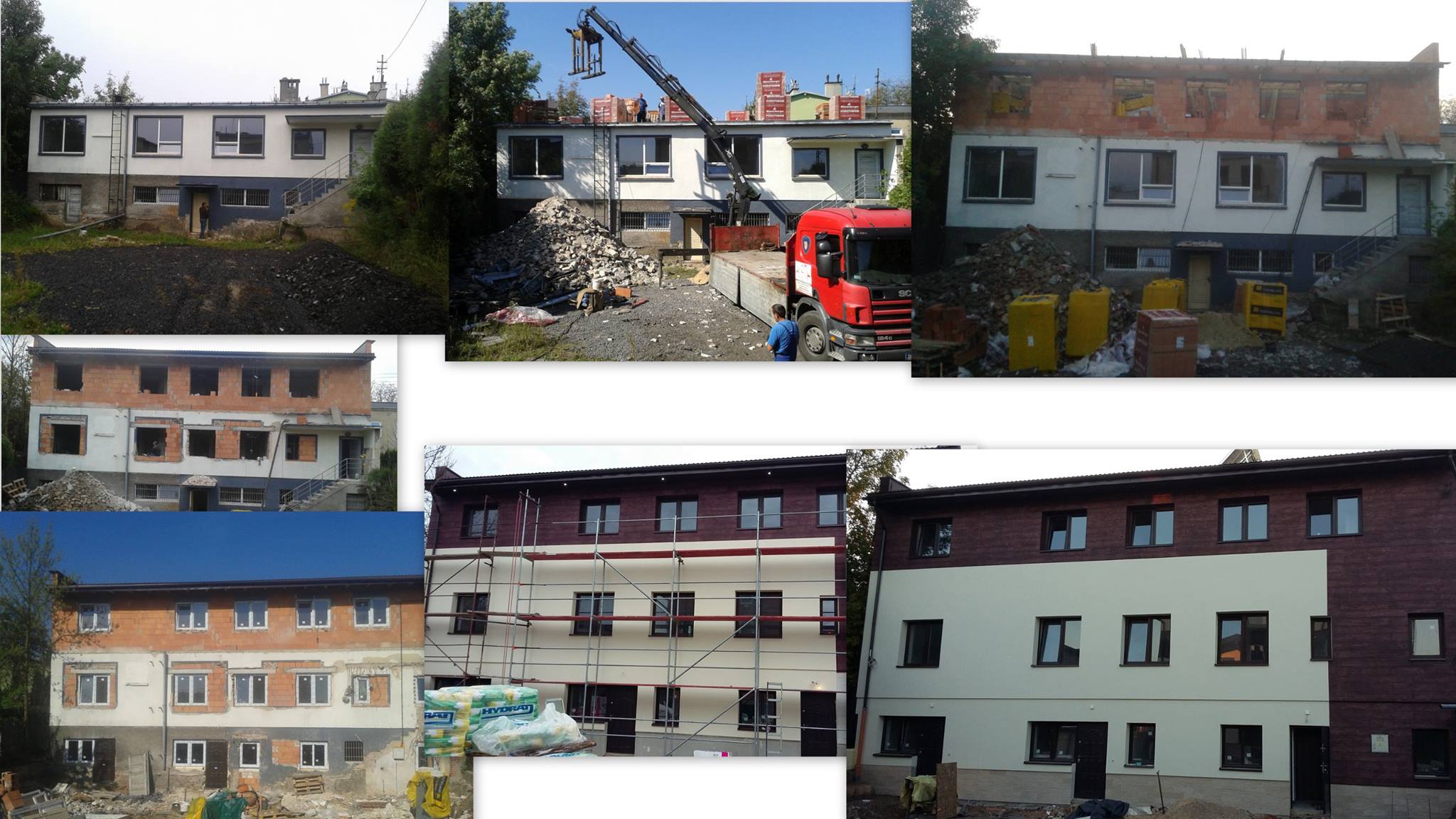 Kolaż przedstawiający budynek dwukondygnacyjny w różnych etapach rozbudowy i remontu, od stanu surowego z wyburzeniami, poprzez murowanie i ocieplanie, aż po wykończoną elewację z rusztowaniami...