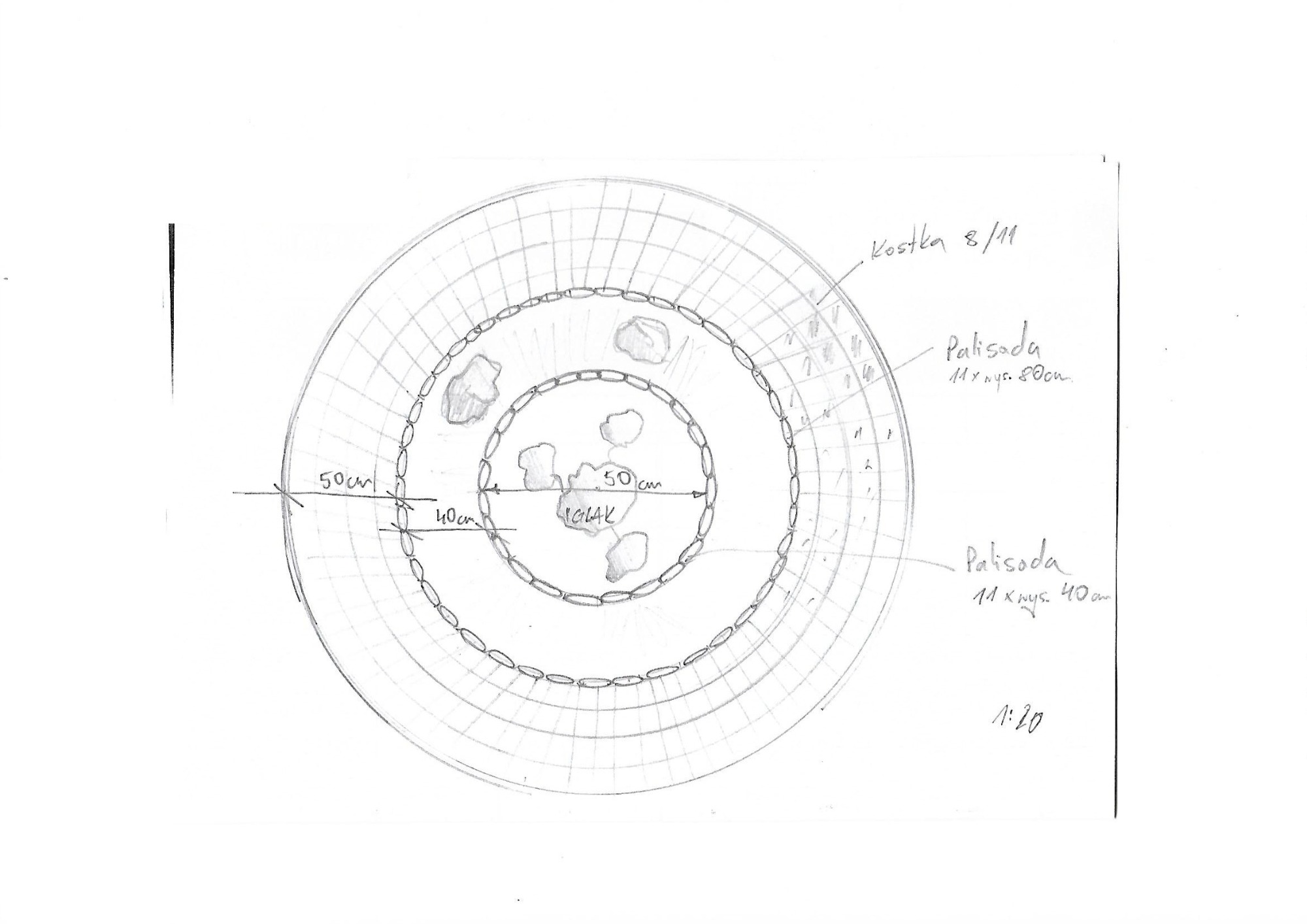 Szkic projektu ogrodu z okrągłym klombem, zaznaczone wymiary i materiały: kostka, palisada, iglaki. Rysunek techniczny.