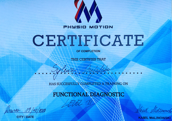 Certyfikat ukończenia szkolenia z diagnostyki funkcjonalnej poziomu II, wydany przez Physio Motion, z podpisami i datą.