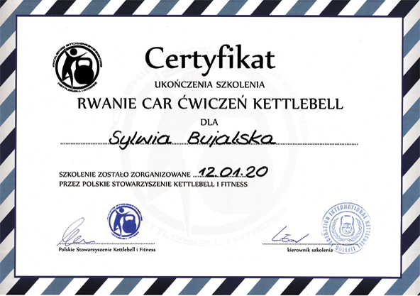 Skan certyfikatu ukończenia szkolenia z rwania car ćwiczeń kettlebell dla Sylwii Bujalskiej, z datą 12.01.20, wydany przez Polskie Stowarzyszenie Kettlebell i Fitness.