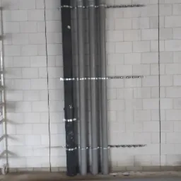 Rzędy pionowych rur kanalizacyjnych, częściowo szarych i czarnych, zamocowane do ściany z białych płytek, z widocznymi uchwytami mocującymi i fragmentem sufitu z widocznymi otworami.