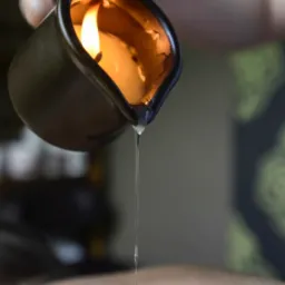 Ciepły olej wylewany z naczynia z płonącą świeczką na plecy podczas zabiegu