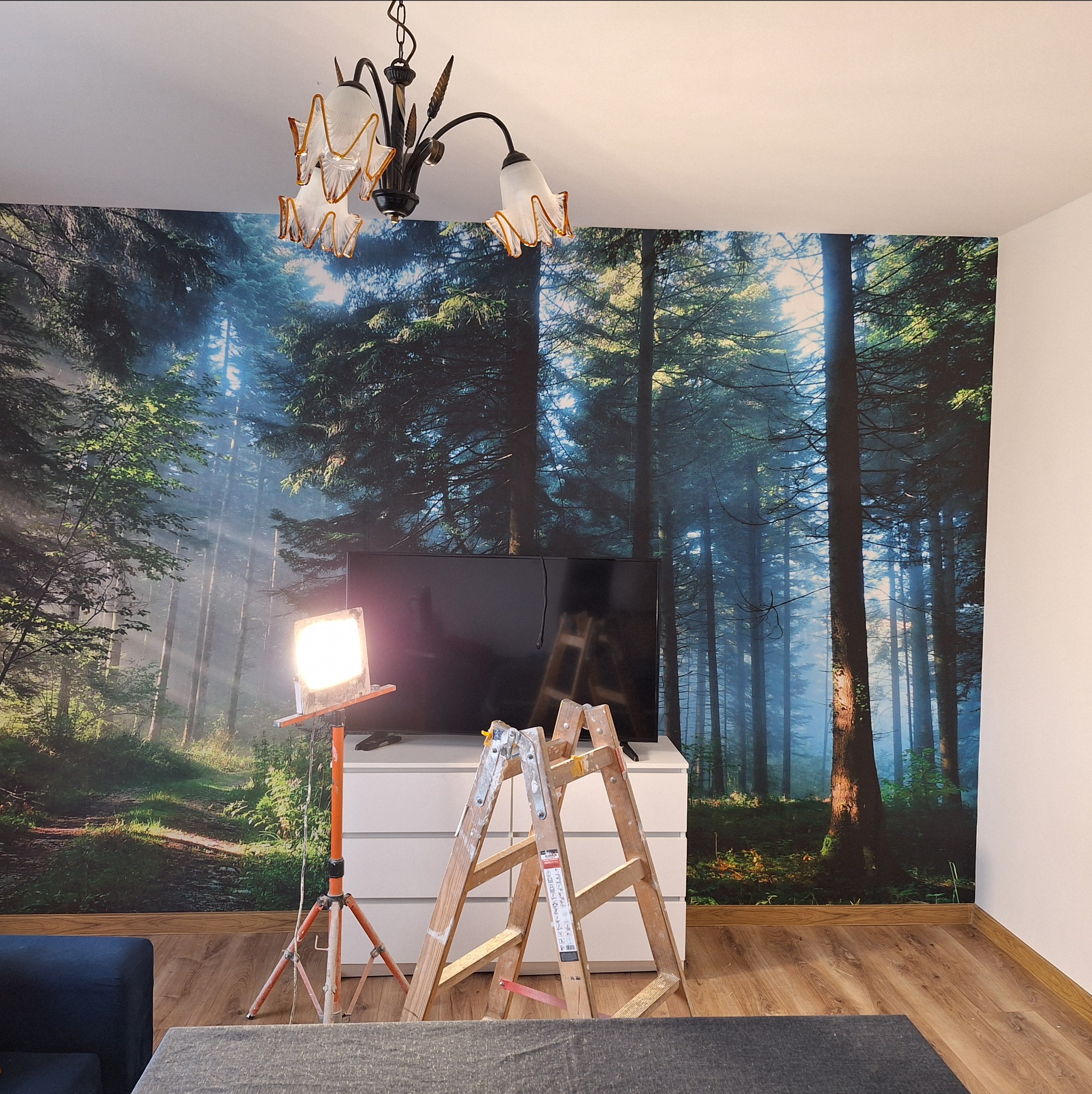 Ściana z fototapetą leśną w Przybiernów, oświetlona lampą budowlaną, z drabiną opartą o białą komodę pod telewizorem.