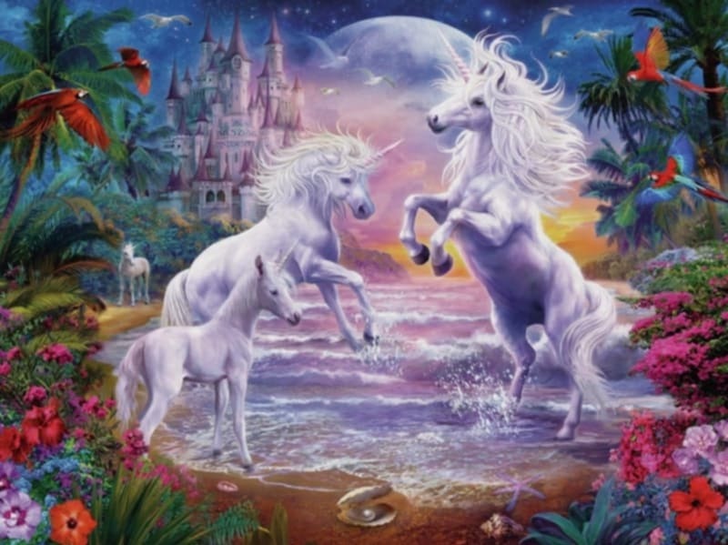 Fantasy landscape with three white unicorns on a beach, a pink castle in the background, palm trees, parrots, and a full moon.