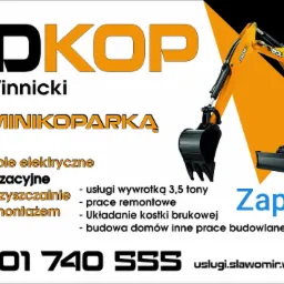 Grafika reklamowa firmy Budkop Sławomir Winnicki, oferującej usługi minikoparką, w tym wykopy pod fundamenty, przyłącza kanalizacyjne, oczyszczalnie ścieków, równanie terenu, oraz usługi wywrotką...