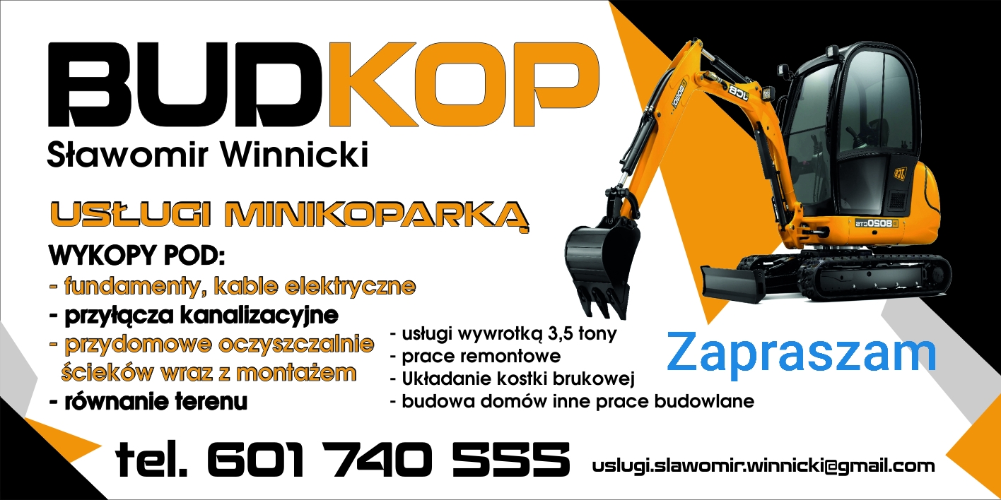 Grafika reklamowa firmy Budkop Sławomir Winnicki, oferującej usługi minikoparką, w tym wykopy pod fundamenty, przyłącza kanalizacyjne, oczyszczalnie ścieków, równanie terenu, oraz usługi wywrotką...