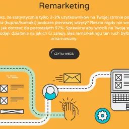 Graficzna ilustracja koncepcji remarketingu przedstawiająca ścieżkę użytkownika od smartfona przez e-mail i interakcję z profilem, aż po konwersję na laptopie, wszystko w jasnej, pomarańczowej...