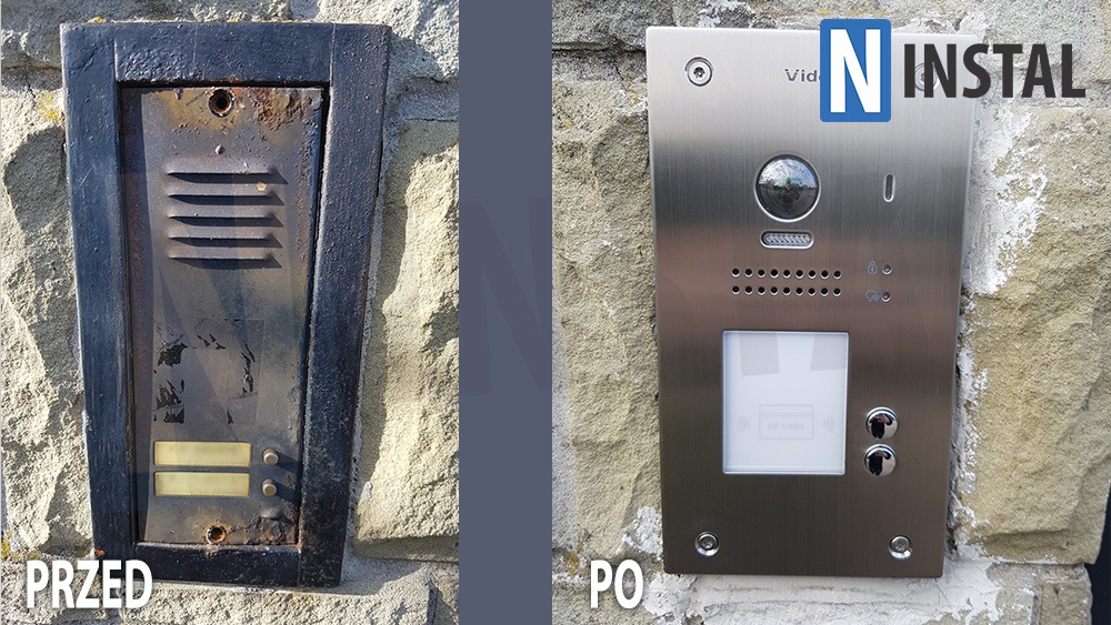 Porównanie: Stary, zardzewiały domofon wymieniony na nowy, nowoczesny model z kamerą i czytnikiem kart zbliżeniowych, zamontowany na kamiennej ścianie budynku.