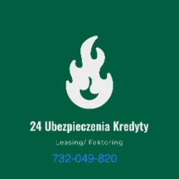 Grafika reklamowa: biały płomień, napis '24 Ubezpieczenia Kredyty', 'Leasing/Faktoring' i numer telefonu na zielonym tle.