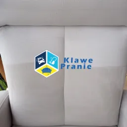 Szara tapicerka fotela z wyraźnym podziałem na część wyczyszczoną i zabrudzoną, logo firmy po lewej stronie.