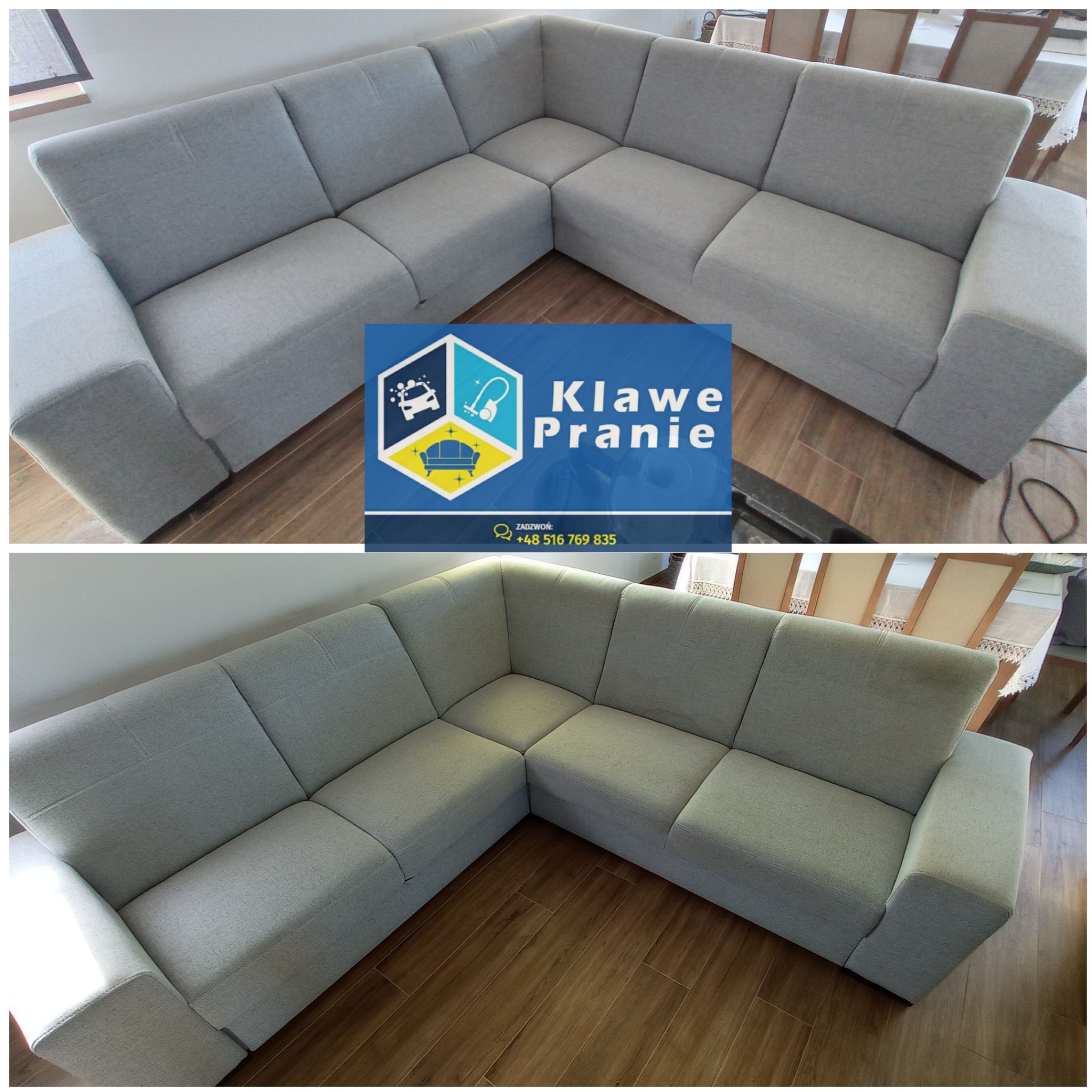 Szara, narożna kanapa w układzie 'przed i po' czyszczeniu, na drewnianej podłodze. Górna część kadru przed, dolna po. Widoczne krzesła w tle.