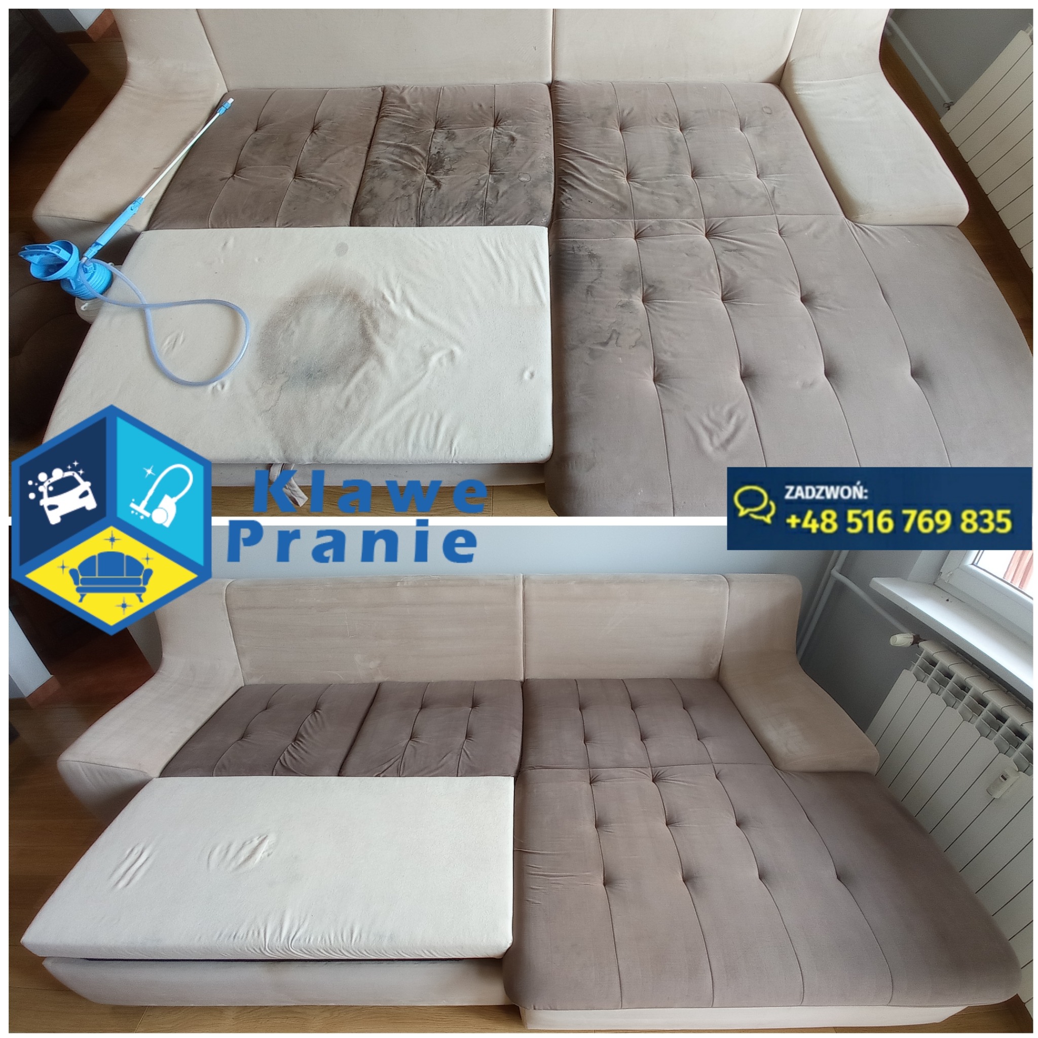 Kanapa modułowa przed i po czyszczeniu. Widoczne różnice w odcieniach i plamach na tapicerce. Część kanapy z wyraźnymi zabrudzeniami, a druga po wyczyszczeniu.