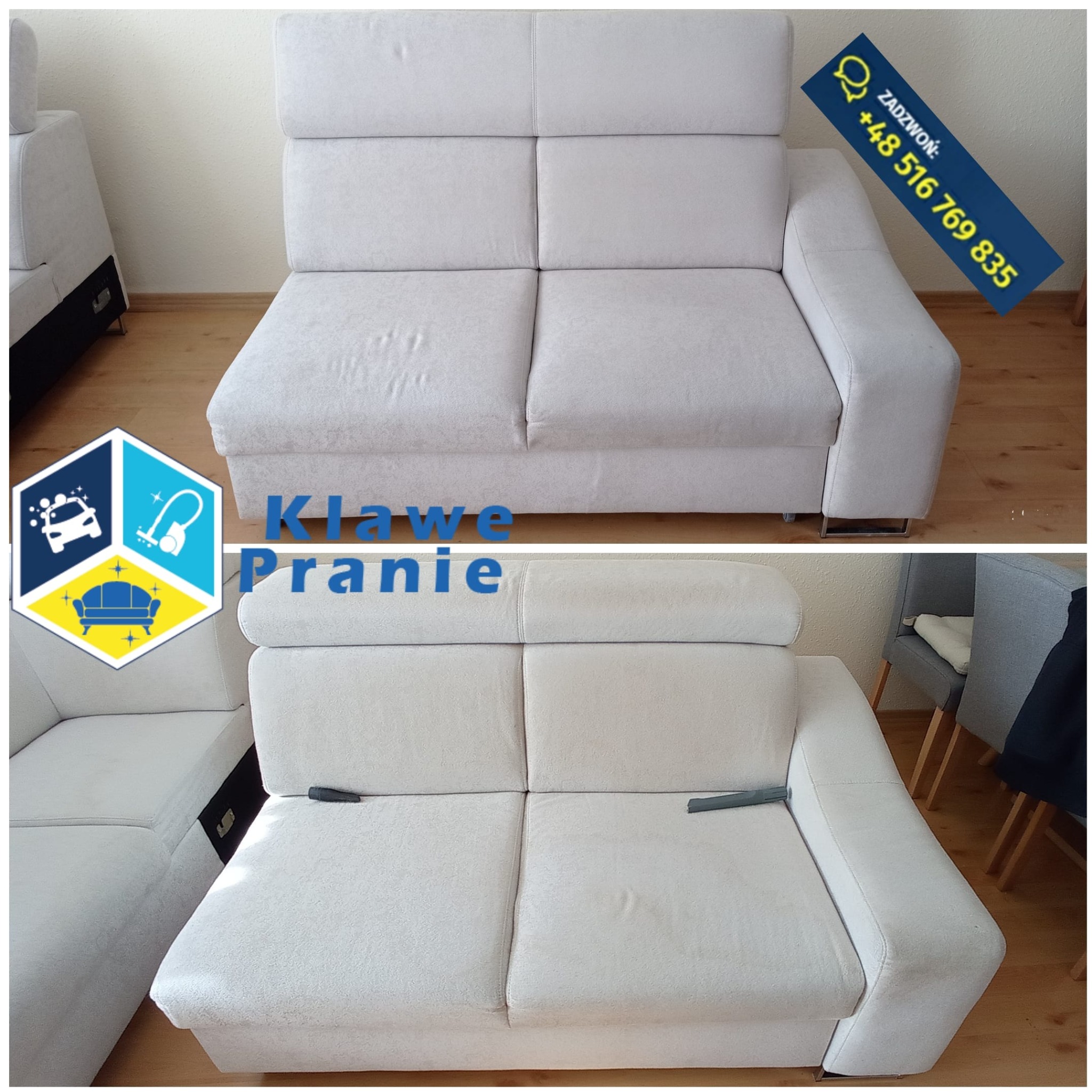 Jasna kanapa przed i po czyszczeniu, widoczna różnica w czystości tapicerki. Ujęcie typu 'przed i po' prezentuje efekt wykonanej usługi.