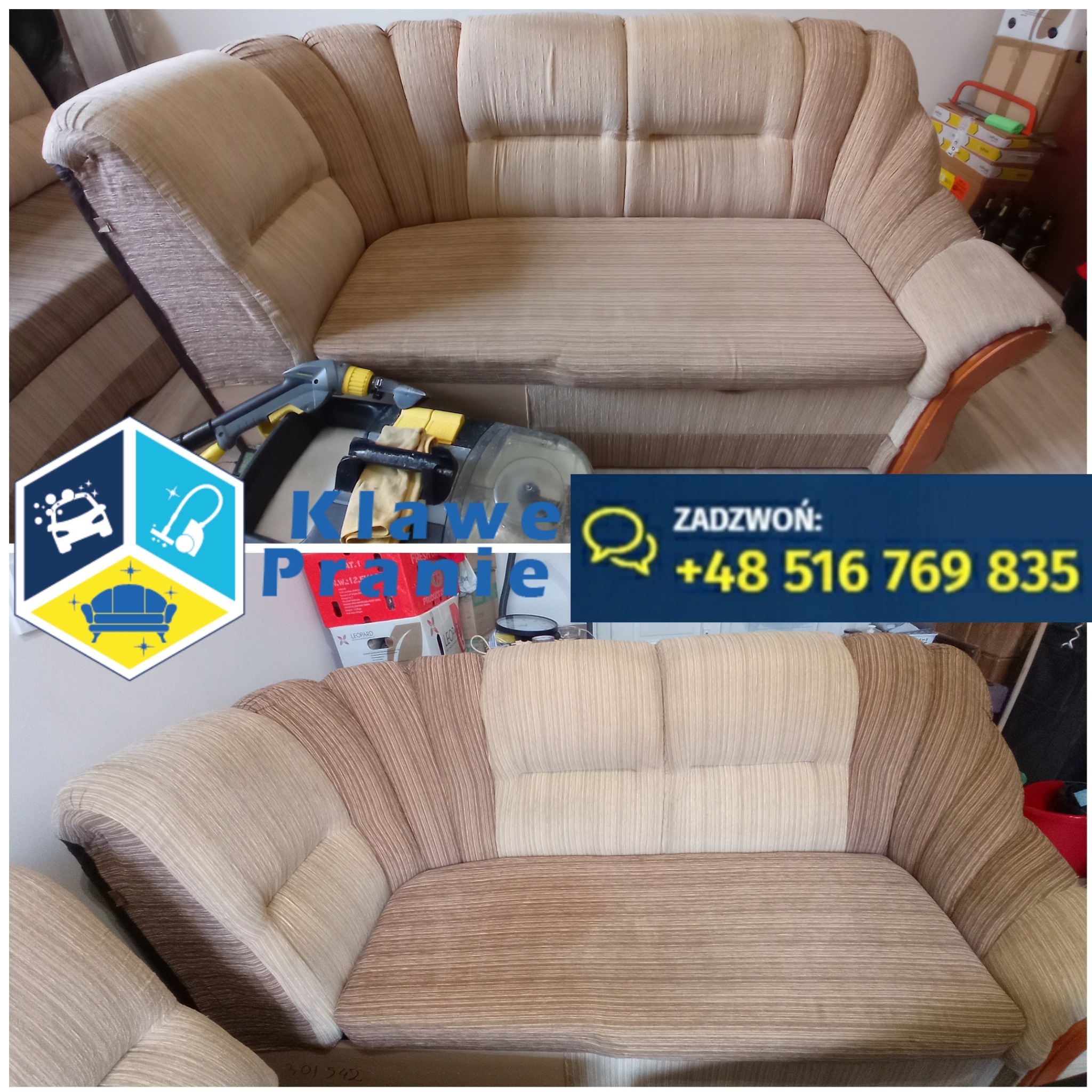 Kanapa dwuosobowa przed i po praniu, widoczne różnice w kolorze i czystości tapicerki. Na górnym zdjęciu sprzęt do prania. Efekt czyszczenia.