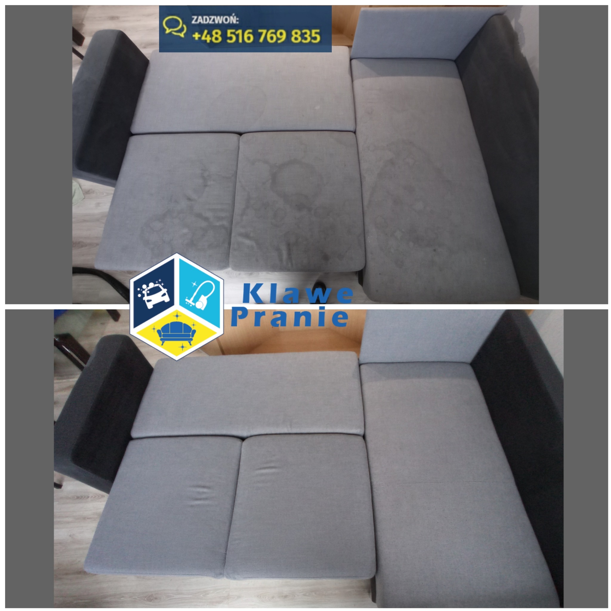 Szara, rozłożona kanapa modułowa: górny kadr prezentuje widoczne plamy, dolny - efekt po czyszczeniu. Porównanie przed i po, ukazujące skuteczność usługi.