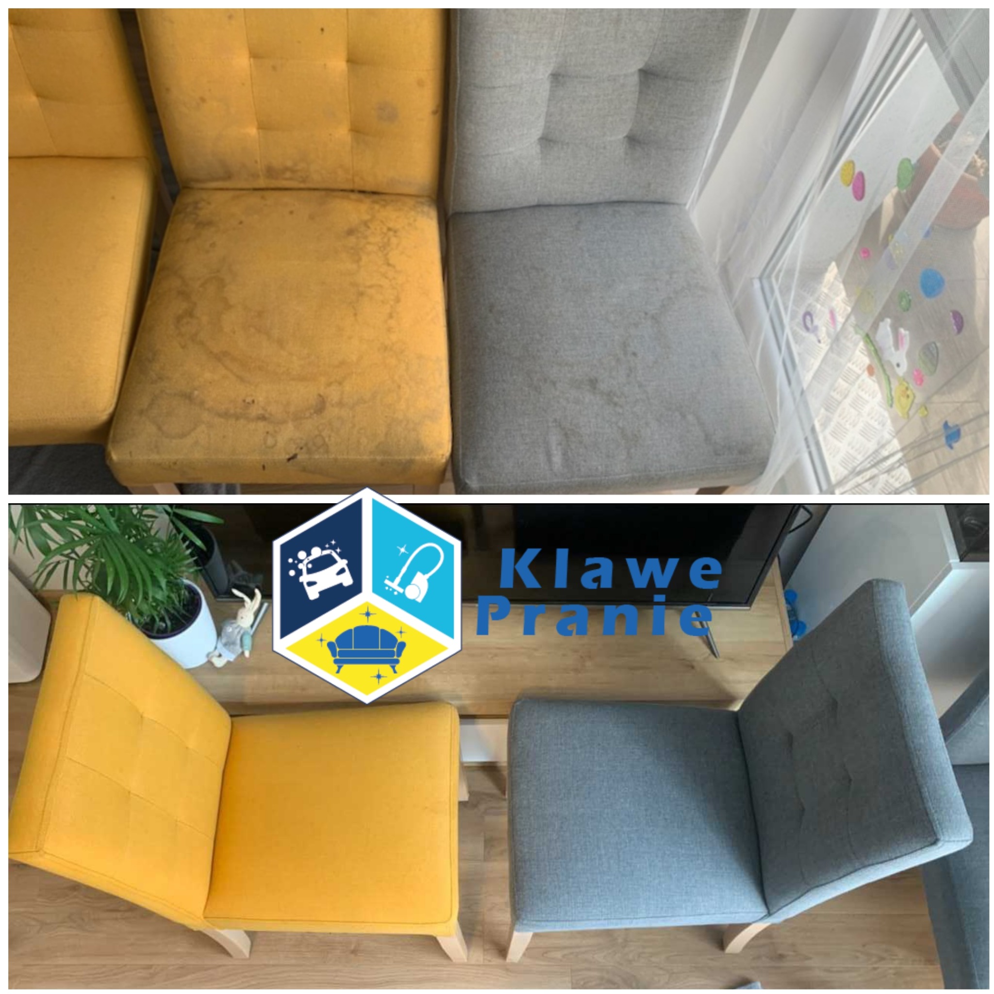 Dwa krzesła tapicerowane: żółte i szare. Górny kadr pokazuje je przed czyszczeniem, dolny – po. Widoczne różnice w czystości tapicerki.