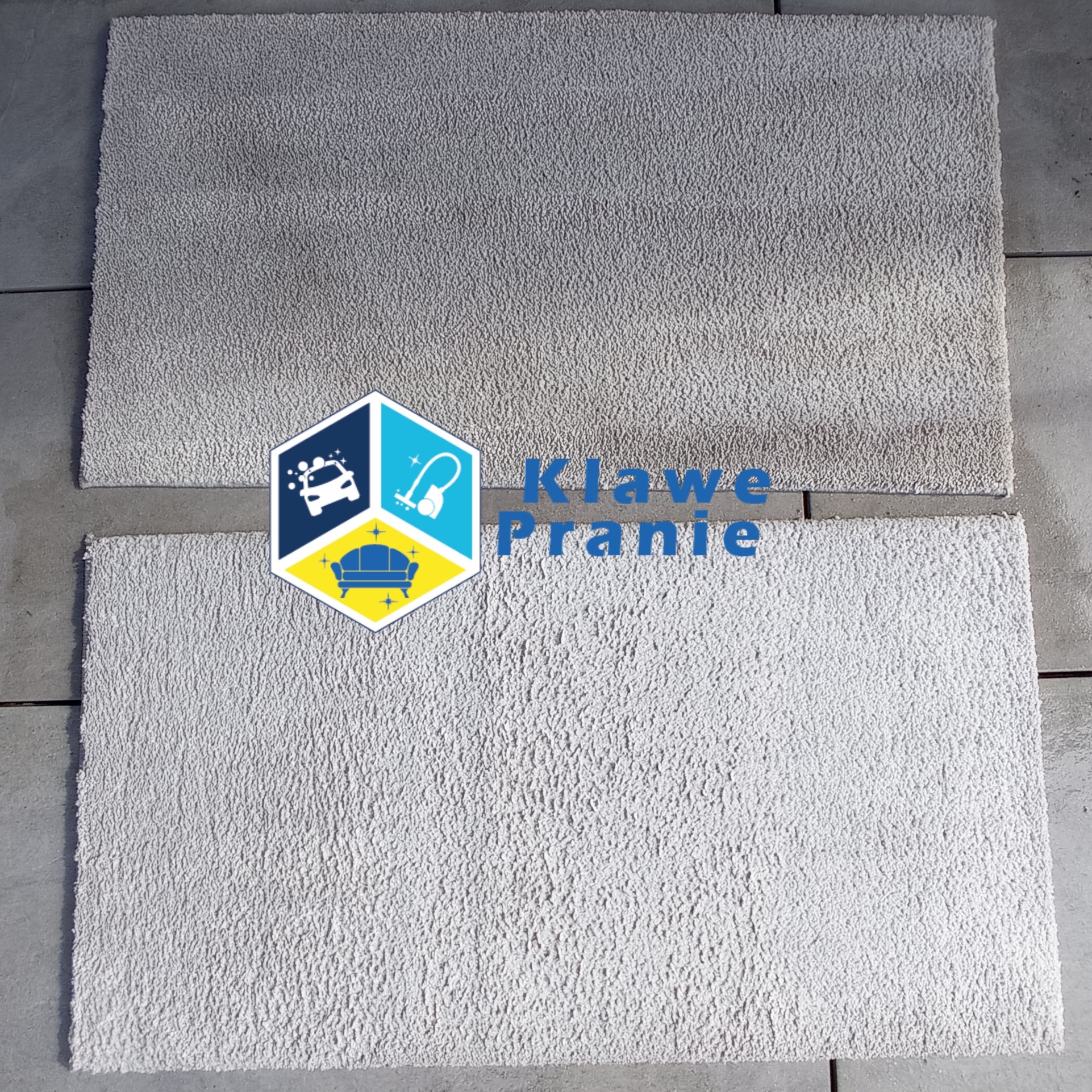 Dywan shaggy przed i po czyszczeniu, widoczne różnice w kolorze i strukturze włókien. Efekt prania na szarych płytkach podłogowych.