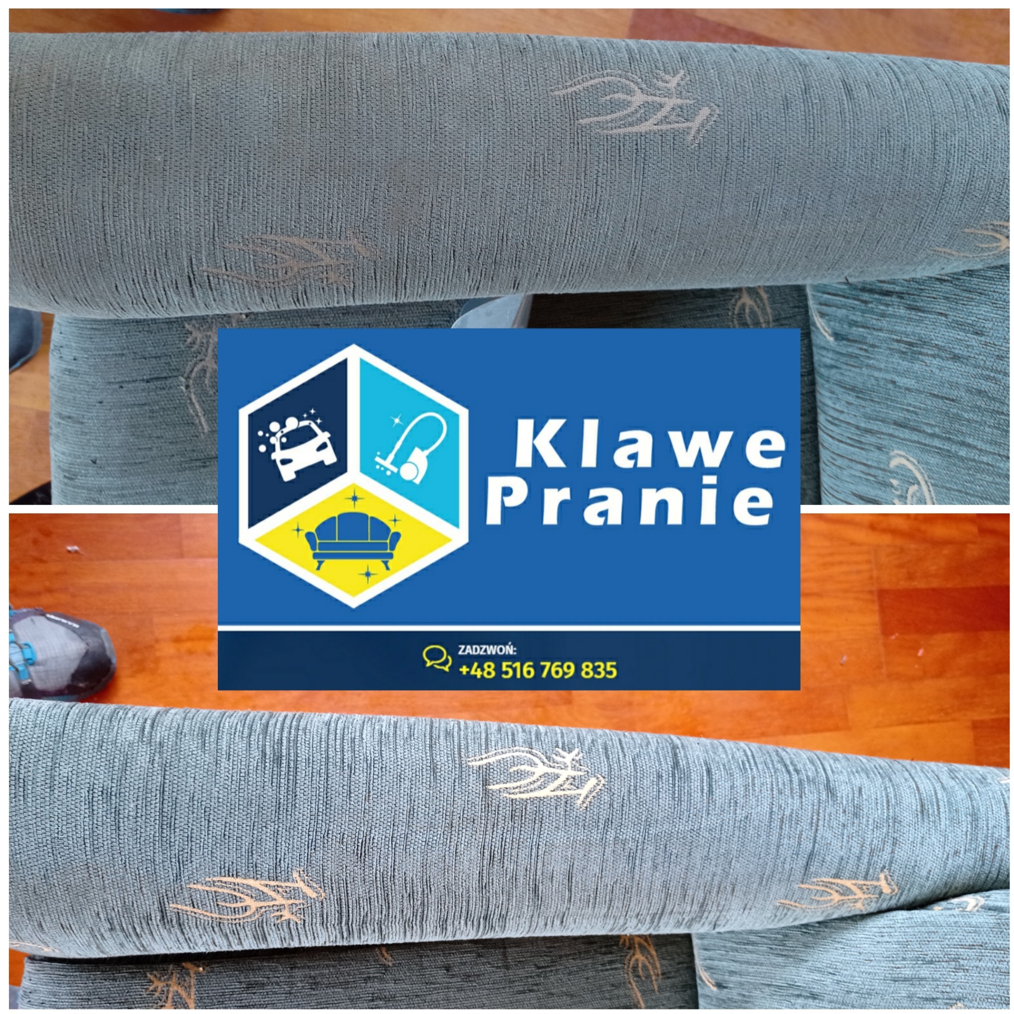 Tapicerka kanapy przed i po praniu, ukazująca różnicę w czystości i odświeżeniu wzoru. Widoczne detale tkaniny i poprawa jej wyglądu po zabiegu.