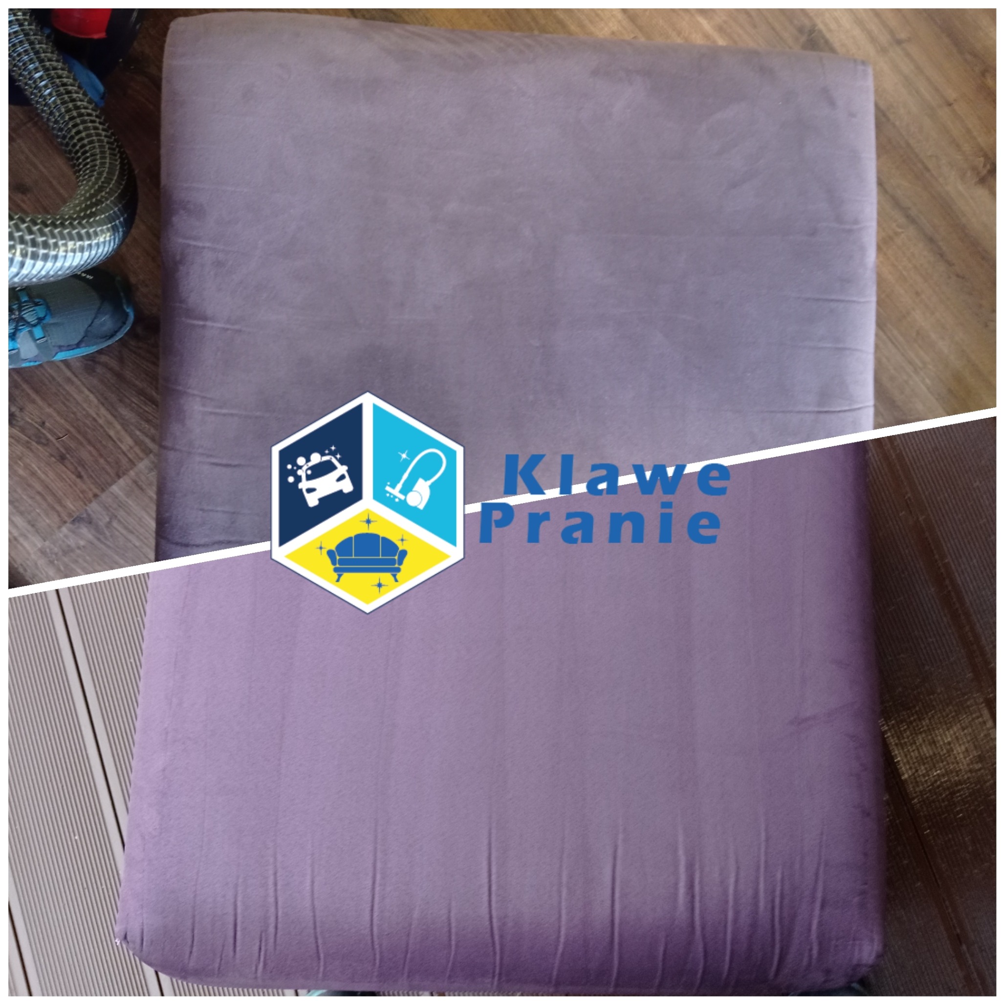 Tapicerka krzesła przed i po czyszczeniu, widoczna różnica w odcieniu fioletu. Po lewej stronie wąż odkurzacza.