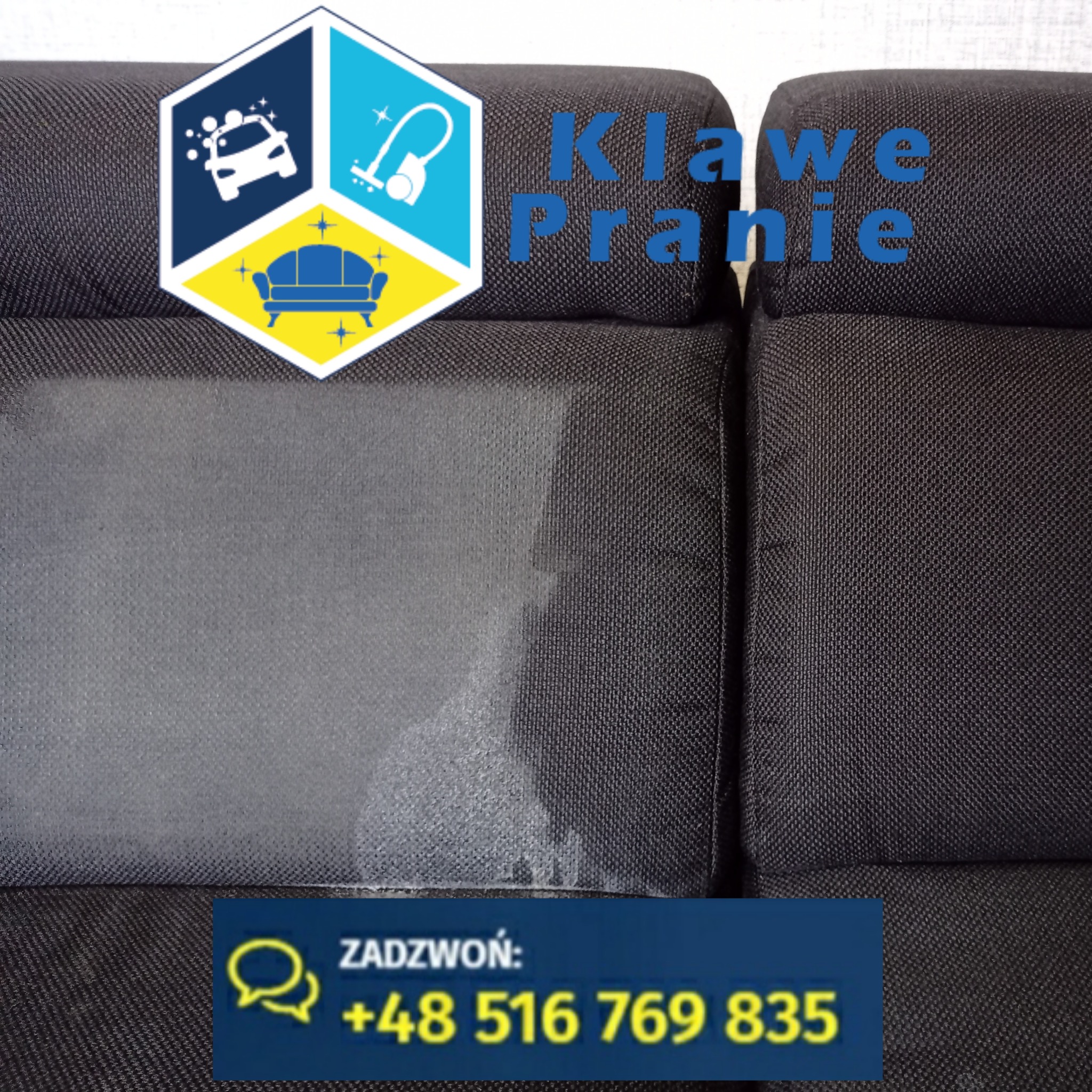 Częściowo wyczyszczona, ciemna kanapa z widoczną różnicą w odcieniu, prezentująca efekt usługi prania w Górkach Wielkich. Widoczny numer telefonu.