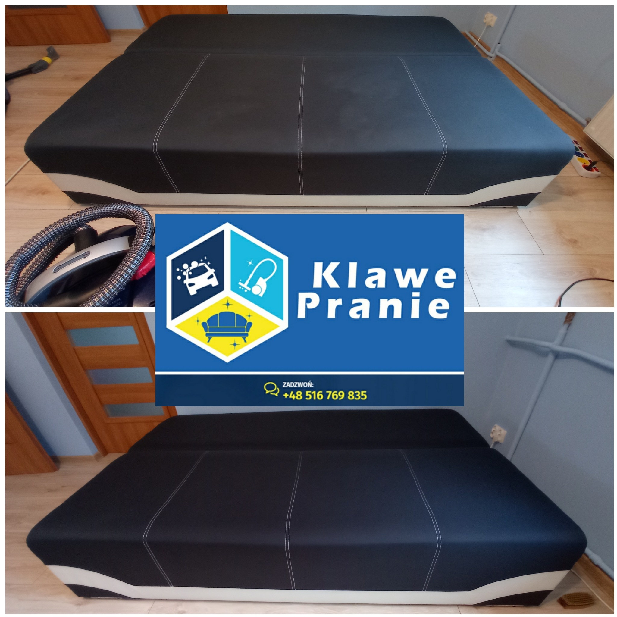 Czarno-biała kanapa przed i po czyszczeniu. Na górze widoczny odkurzacz piorący. Na dolnym ujęciu kanapa po zabiegu, z logo firmy pośrodku kadru.