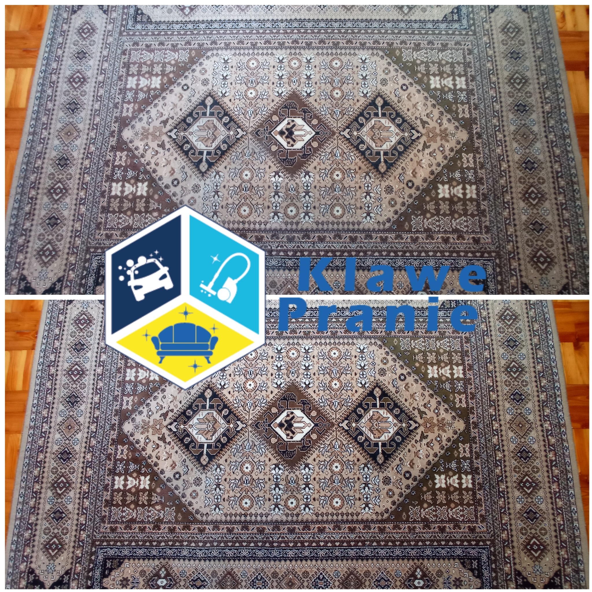 Dywan orientalny przed i po czyszczeniu, widoczne różnice w kolorze i wzorze. Na górze dywan przed, na dole po. Drewniana podłoga w tle.