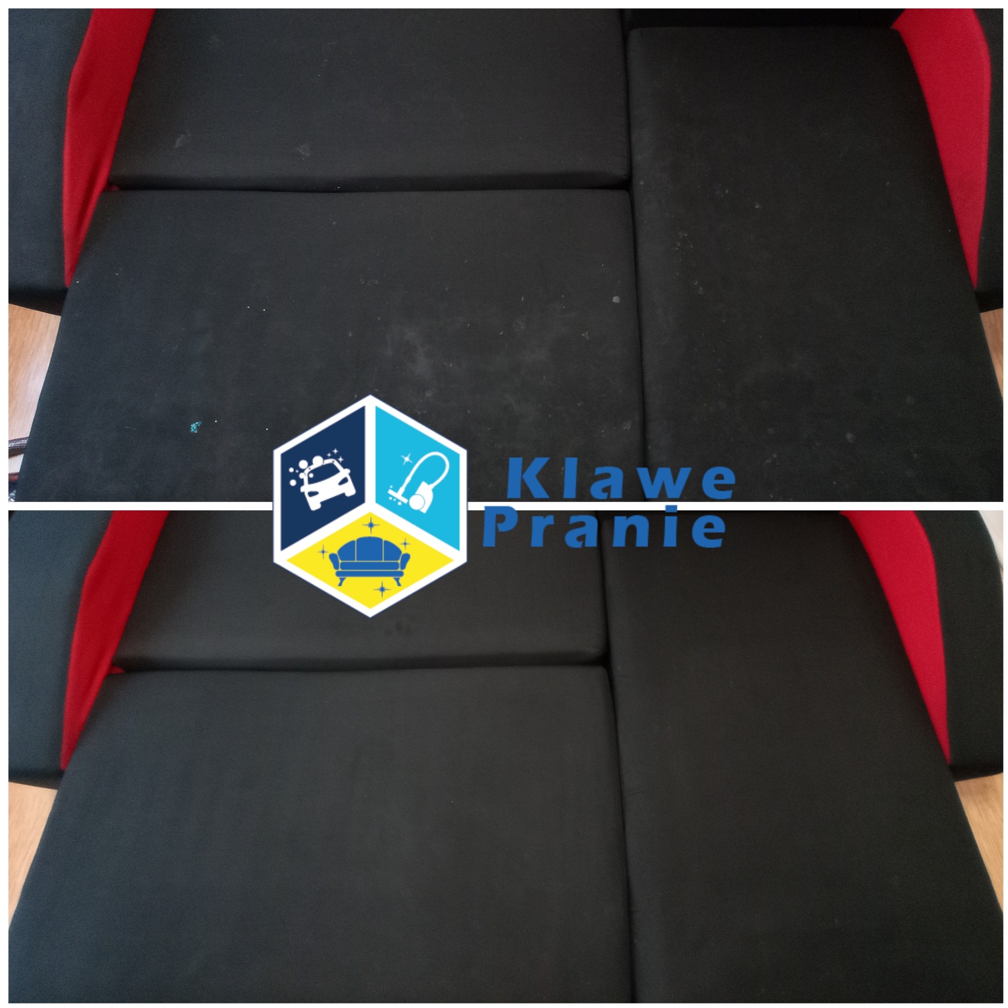 Kanapa czyszczona: góra - przed, widoczne plamy; dół - po, czysta, z czerwonym akcentem. Logo firmy w tle. Układ pionowy, efekt 'przed i po'.