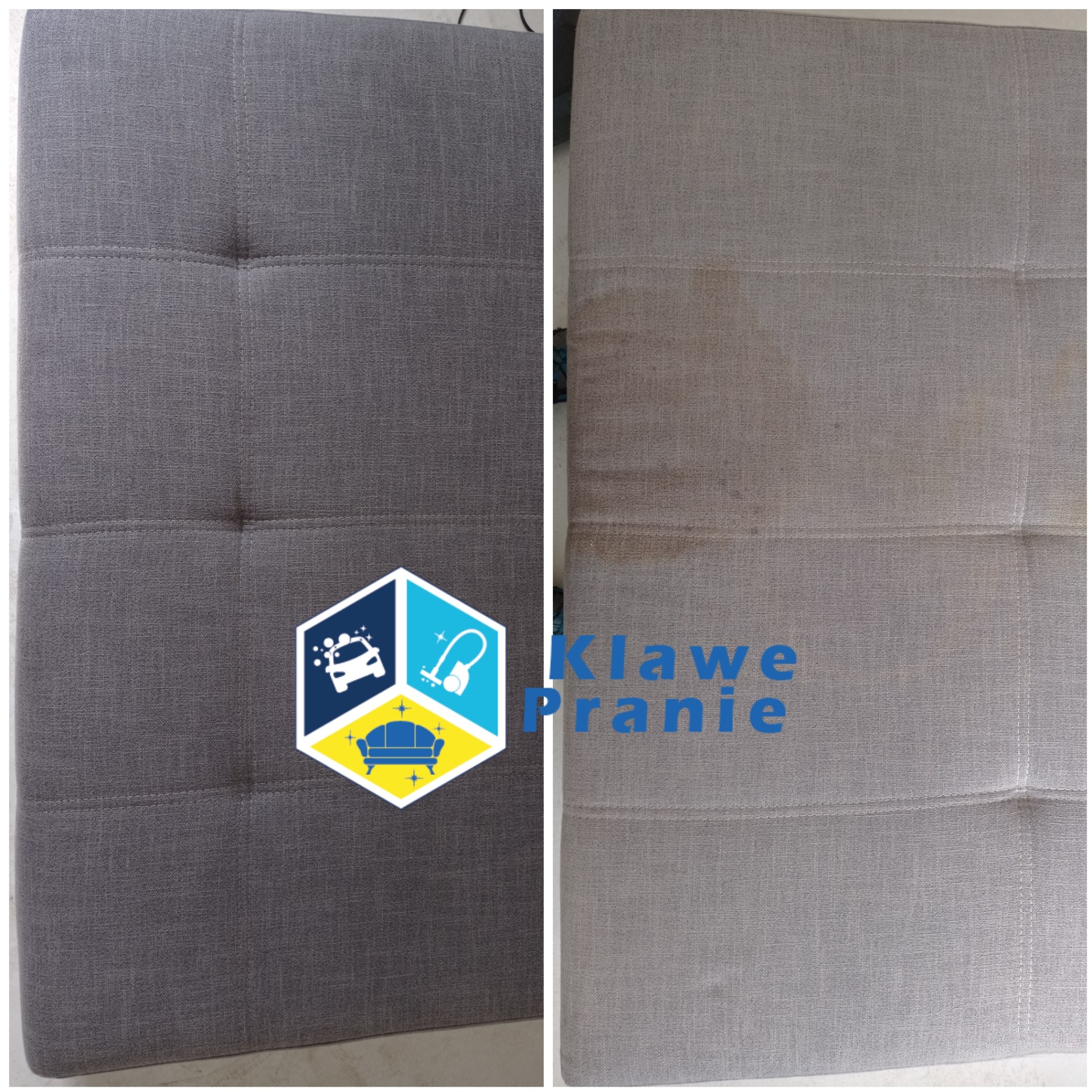 Tapicerka kanapy przed i po praniu. Po lewej: czysta, ciemnoszara tkanina. Po prawej: jaśniejsza, z widocznymi plamami przed czyszczeniem. Porównanie efektu.