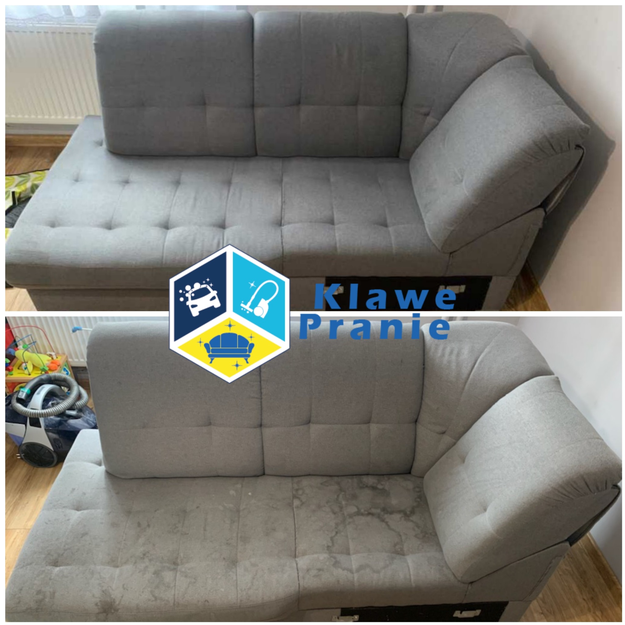 Szara kanapa narożna przed i po czyszczeniu, widoczne wyraźne różnice w czystości tapicerki, ujęcie z góry.