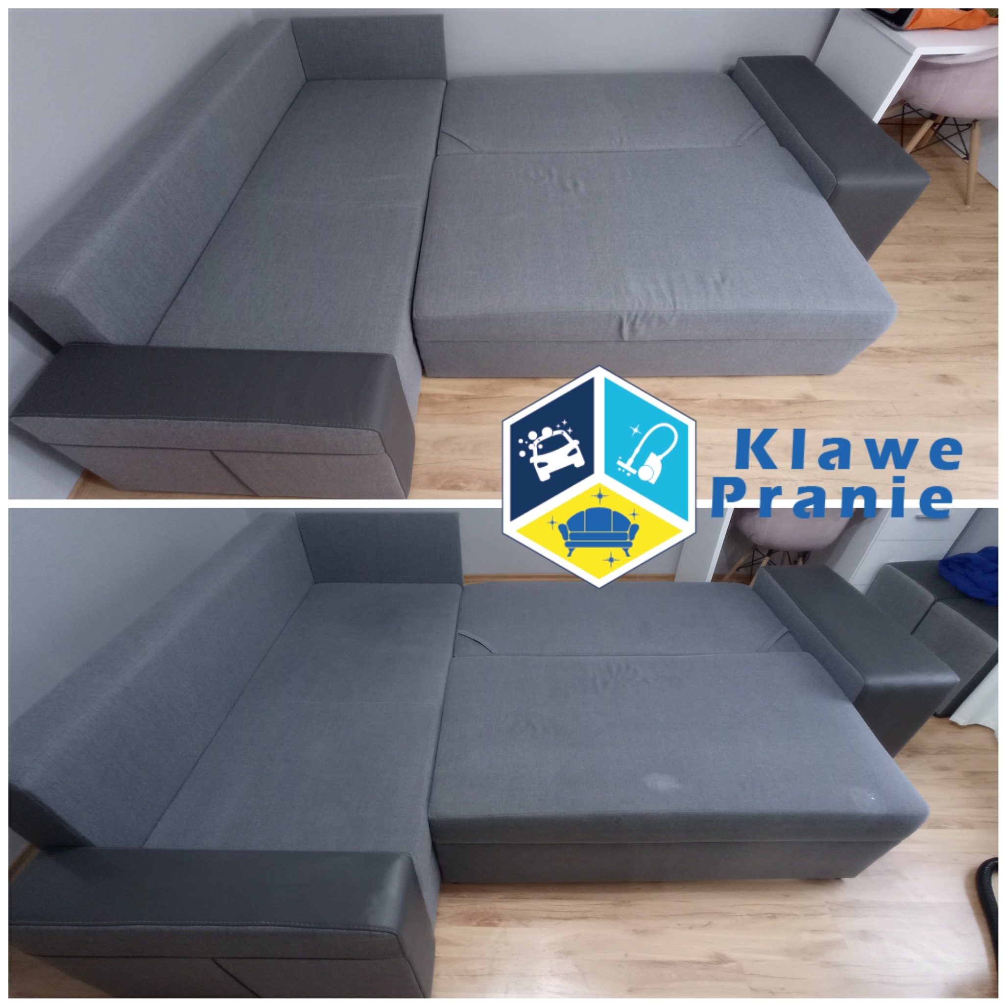 Szara, narożna kanapa przed i po czyszczeniu, widoczne różnice w plamach na tapicerce. Ujęcie z góry, prezentujące efekt usługi.