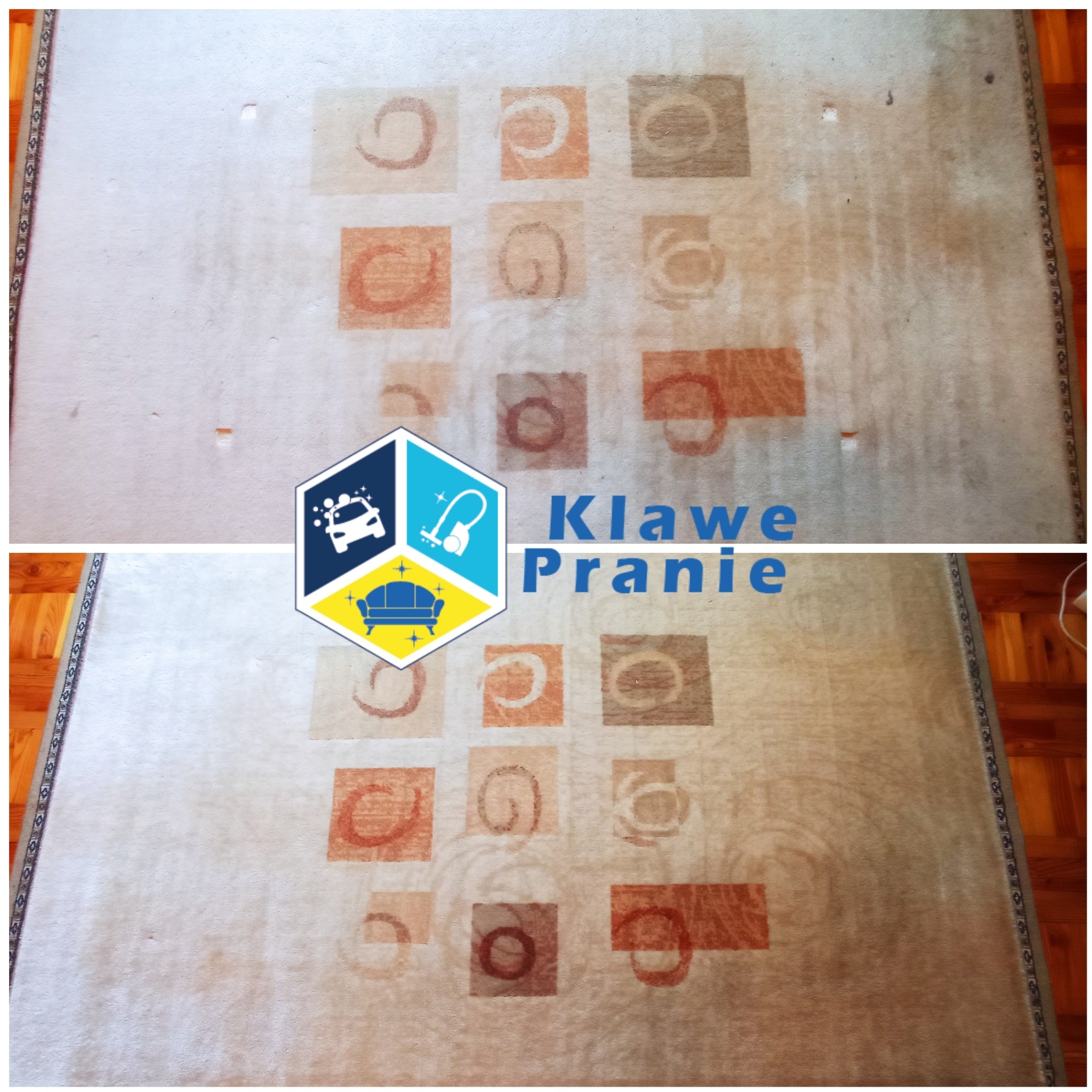 Dywan w kwadraty przed i po czyszczeniu, widoczne różnice w kolorze i plamach. Logo firmy w centralnej części zdjęcia. Parkiet na obrzeżach kadru.
