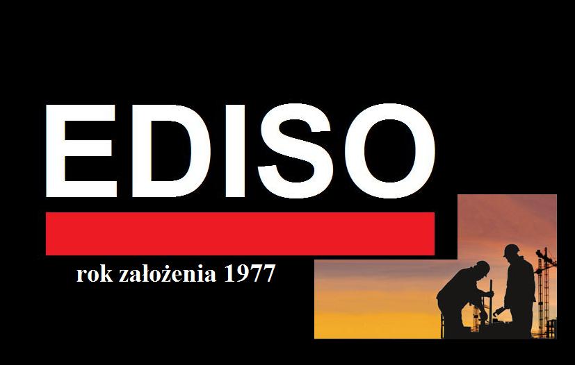Logo firmy EDISO z rokiem założenia 1977, na czarnym tle, z sylwetkami dwóch pracowników w kaskach na tle zachodzącego słońca i dźwigu.