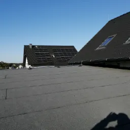 Widok z płaskiego dachu na domy z panelami słonecznymi i instalacją odgromową, cień osoby w prawym dolnym rogu.