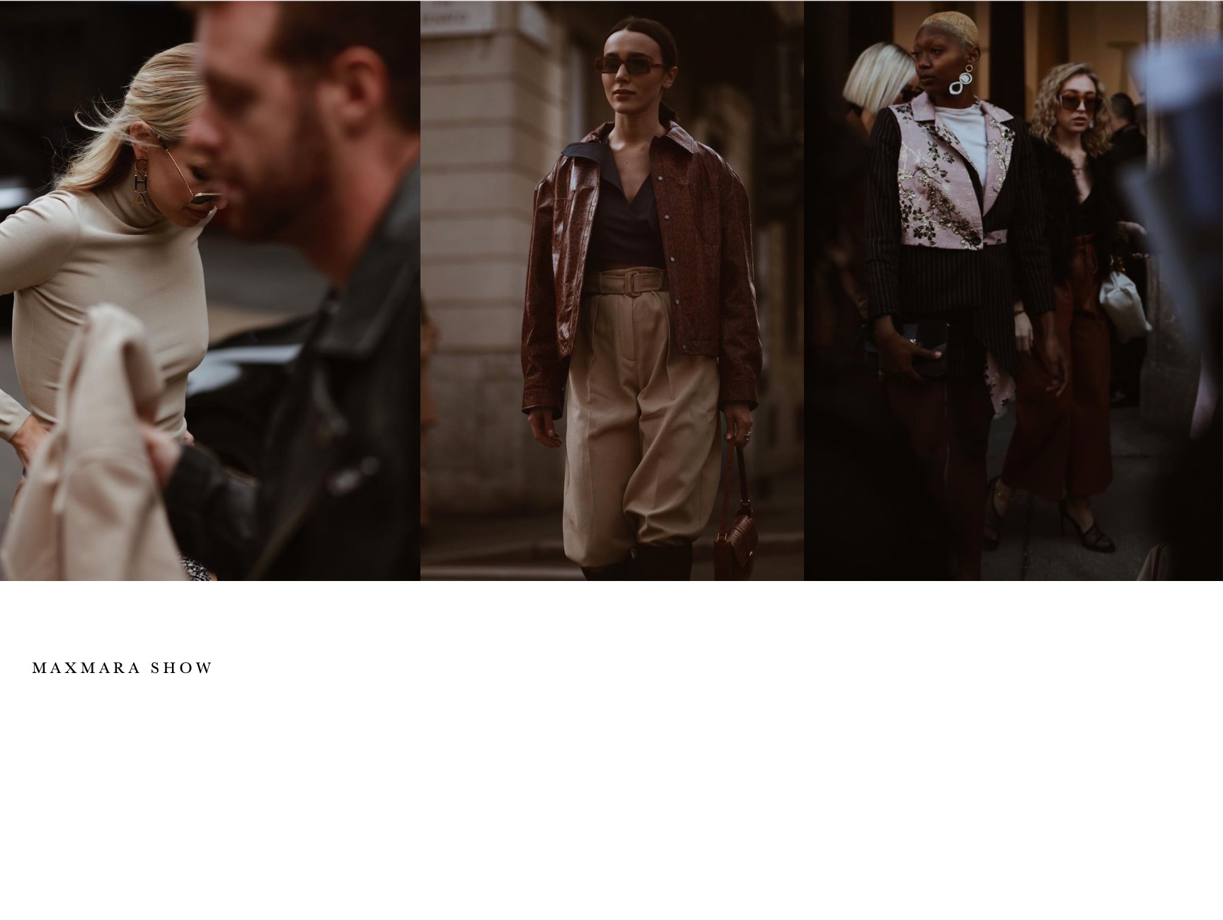 Uczestnicy pokazu Max Mara w stylizacjach: blondynka w golfie, kobieta w skórzanej kurtce i beżowych spodniach, osoba w marynarce w paski z kwiatowym motywem.