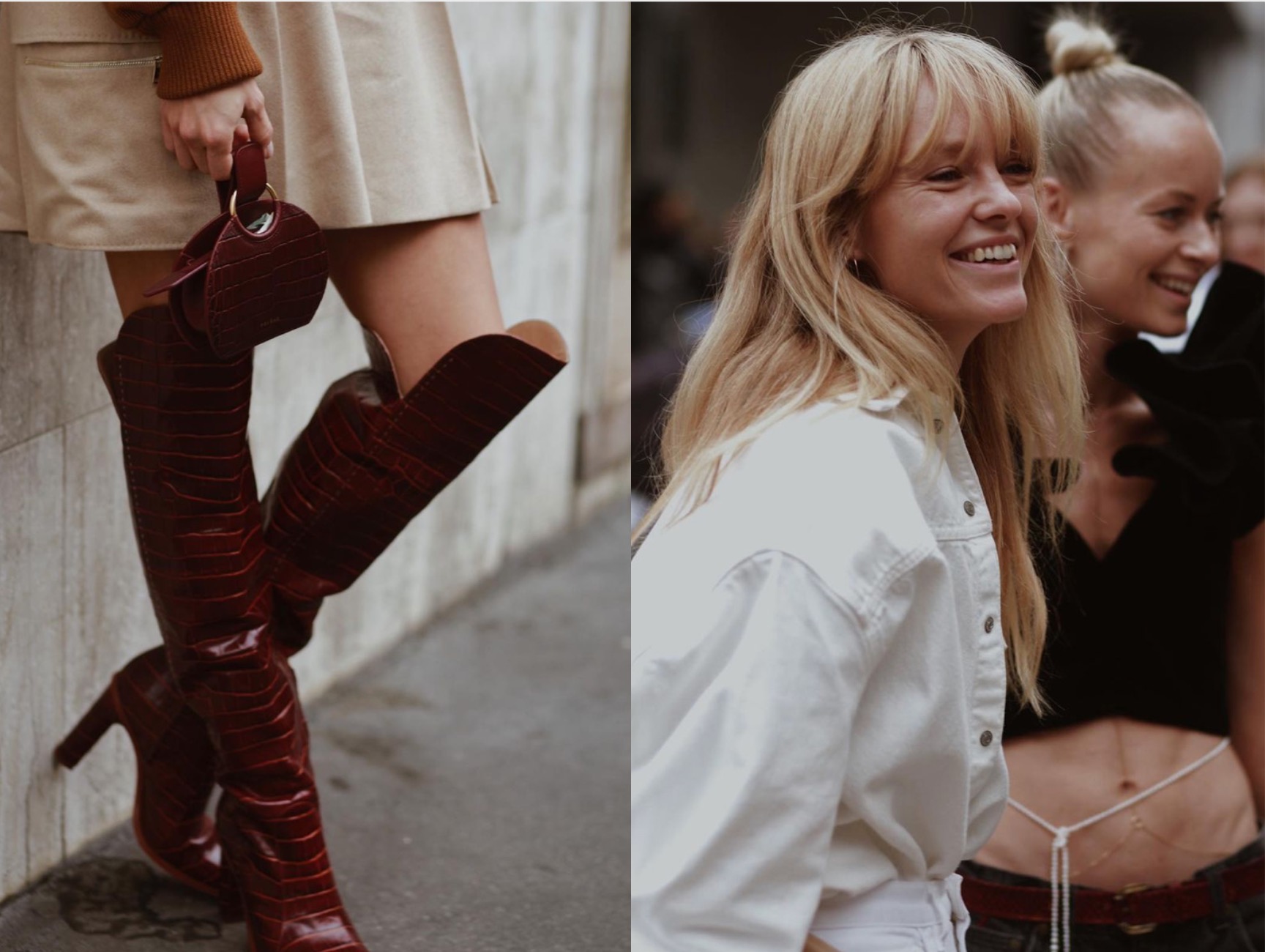 Dwie kobiety pozują na ulicy, jedna w wysokich skórzanych butach z krokodylim wzorem i beżowej spódnicy, trzymając małą torebkę; druga uśmiechnięta, w białej kurtce i z upiętymi włosami.